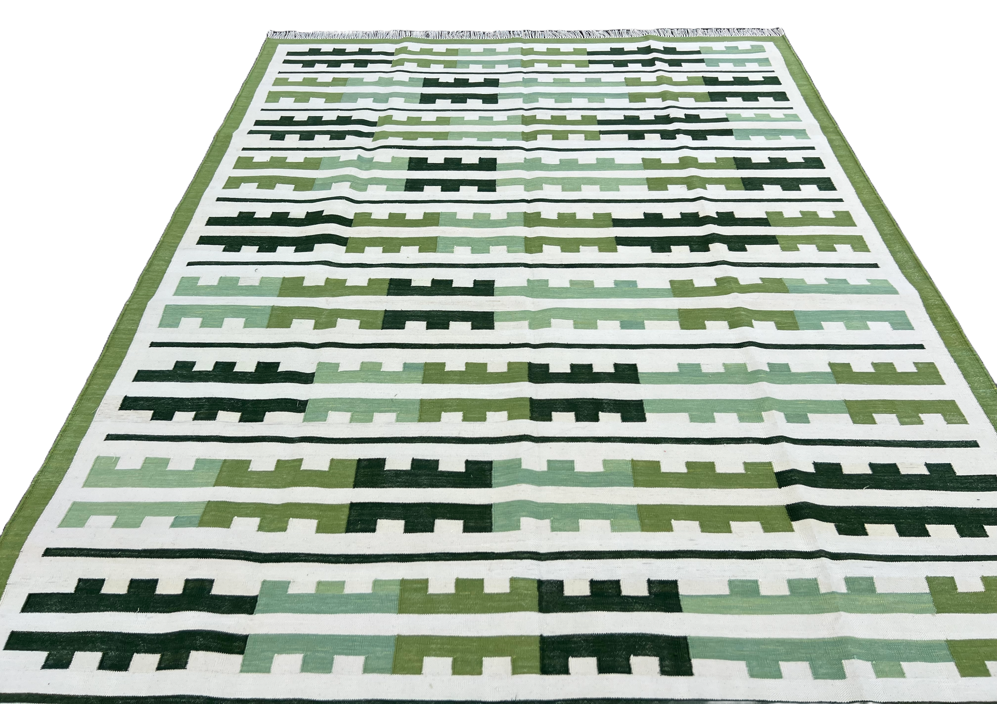Modern Handmade Cotton Green And Cream Marianne Striped Rug-6757