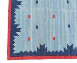 Modern Handmade Cotton Rug, 5x8 Sky And Navy Blue Red Border Geometric Diamond Rug-6775