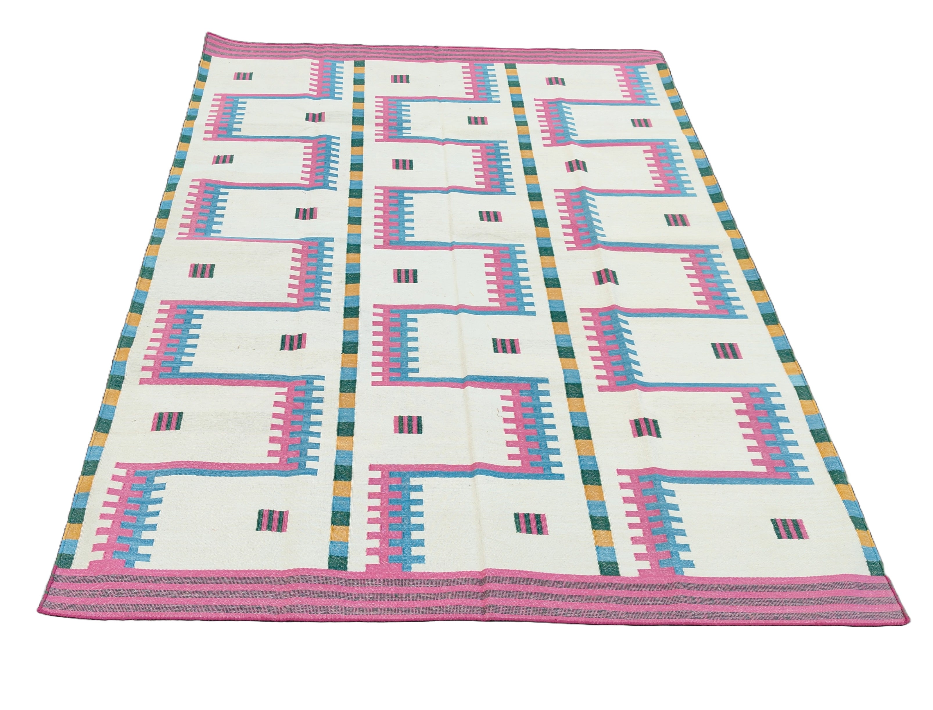 Modern Handmade Cotton Rug, 5x7 Pink And Cream Geometric Rug-6781