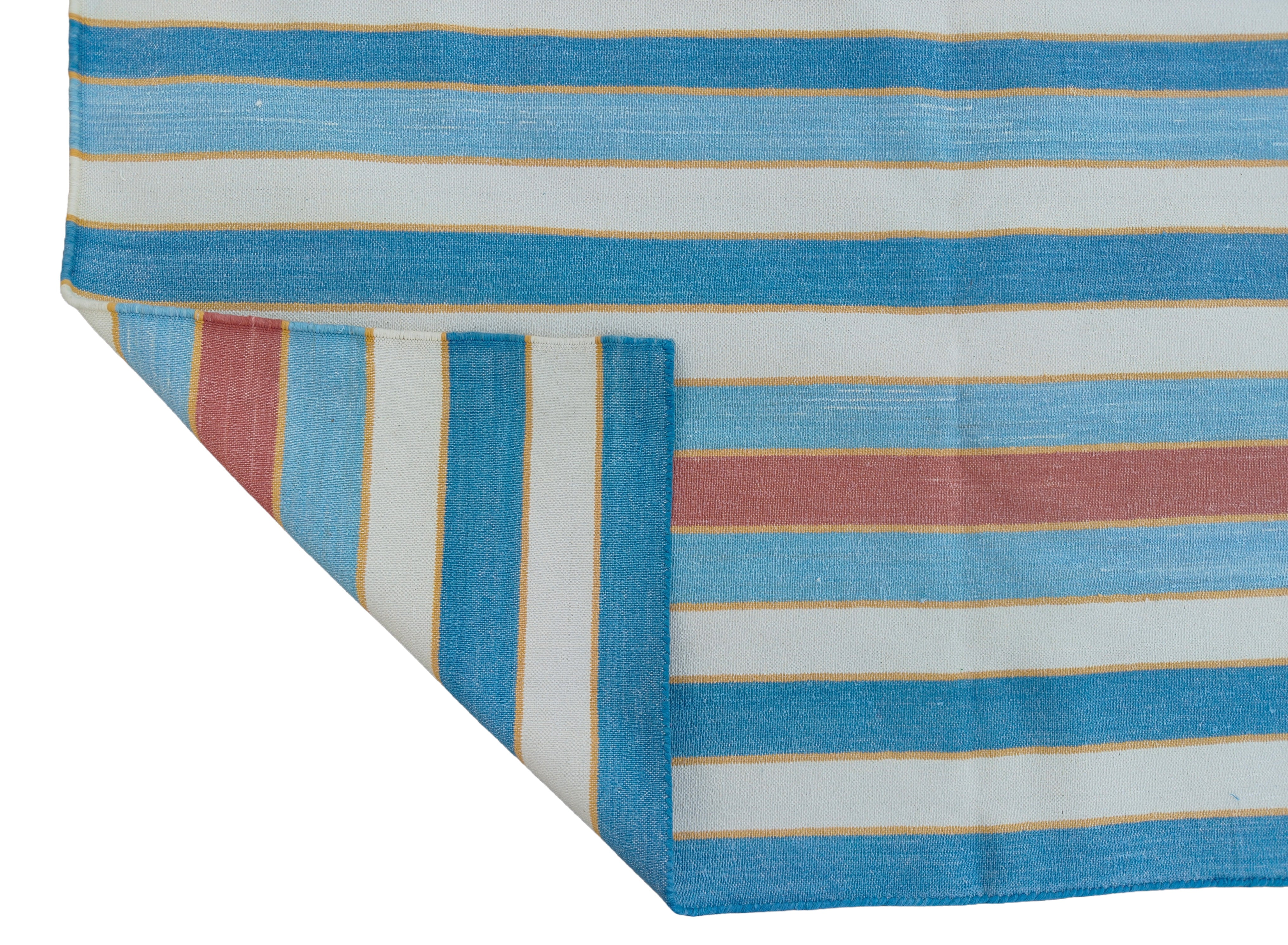 Modern Handmade Cotton Area Rug, Sky Blue, Red And Yellow Striped Indian Dhurrie -6783