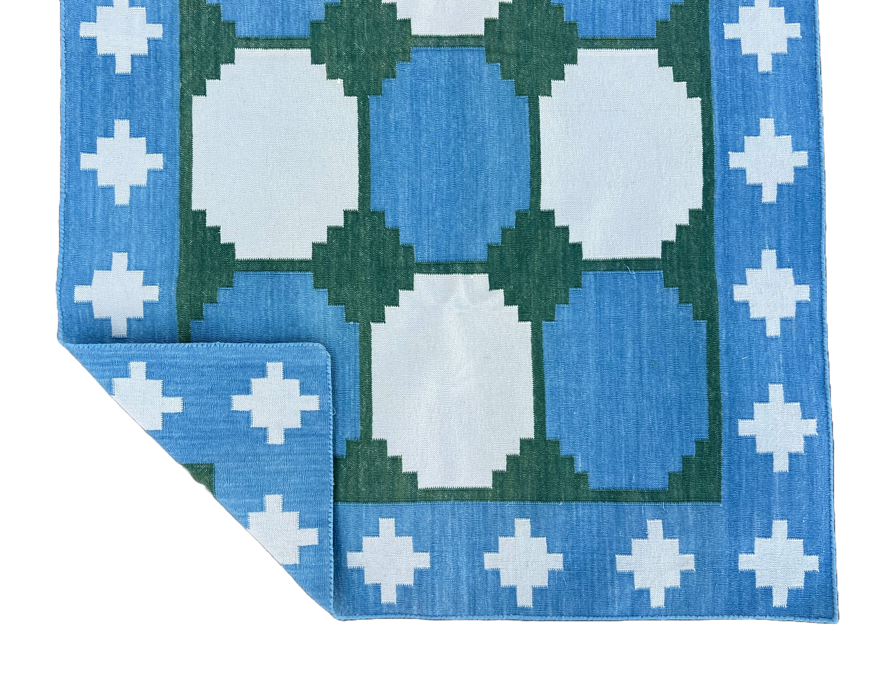 Modern Handmade Cotton Sky Blue, Cream And Green Tile Swedish Runner-6561