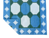 Modern Handmade Cotton Sky Blue, Cream And Green Tile Swedish Runner-6561
