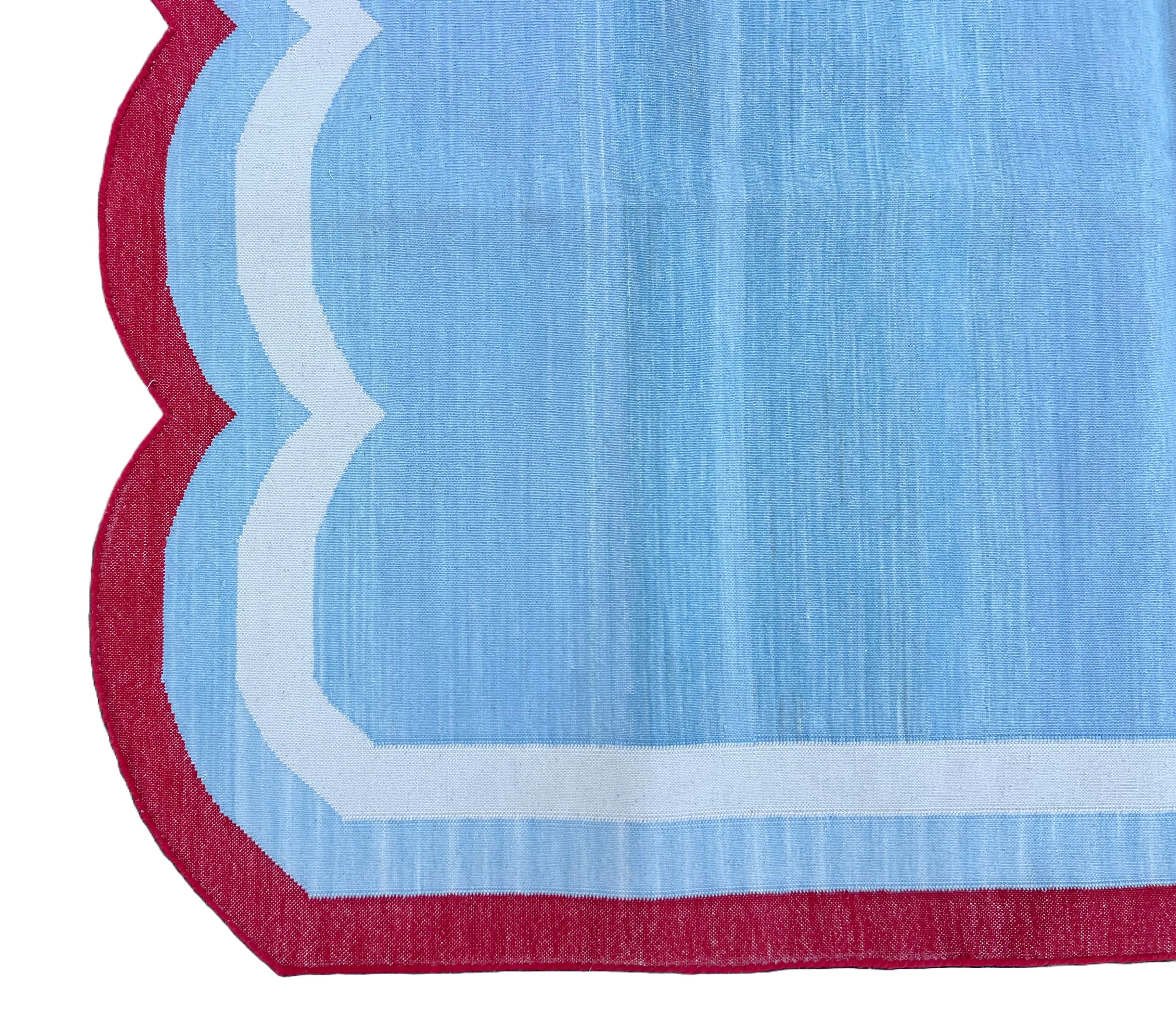 Modern Handmade Cotton Sky Blue, Cream and Red Scalloped Rug-9660