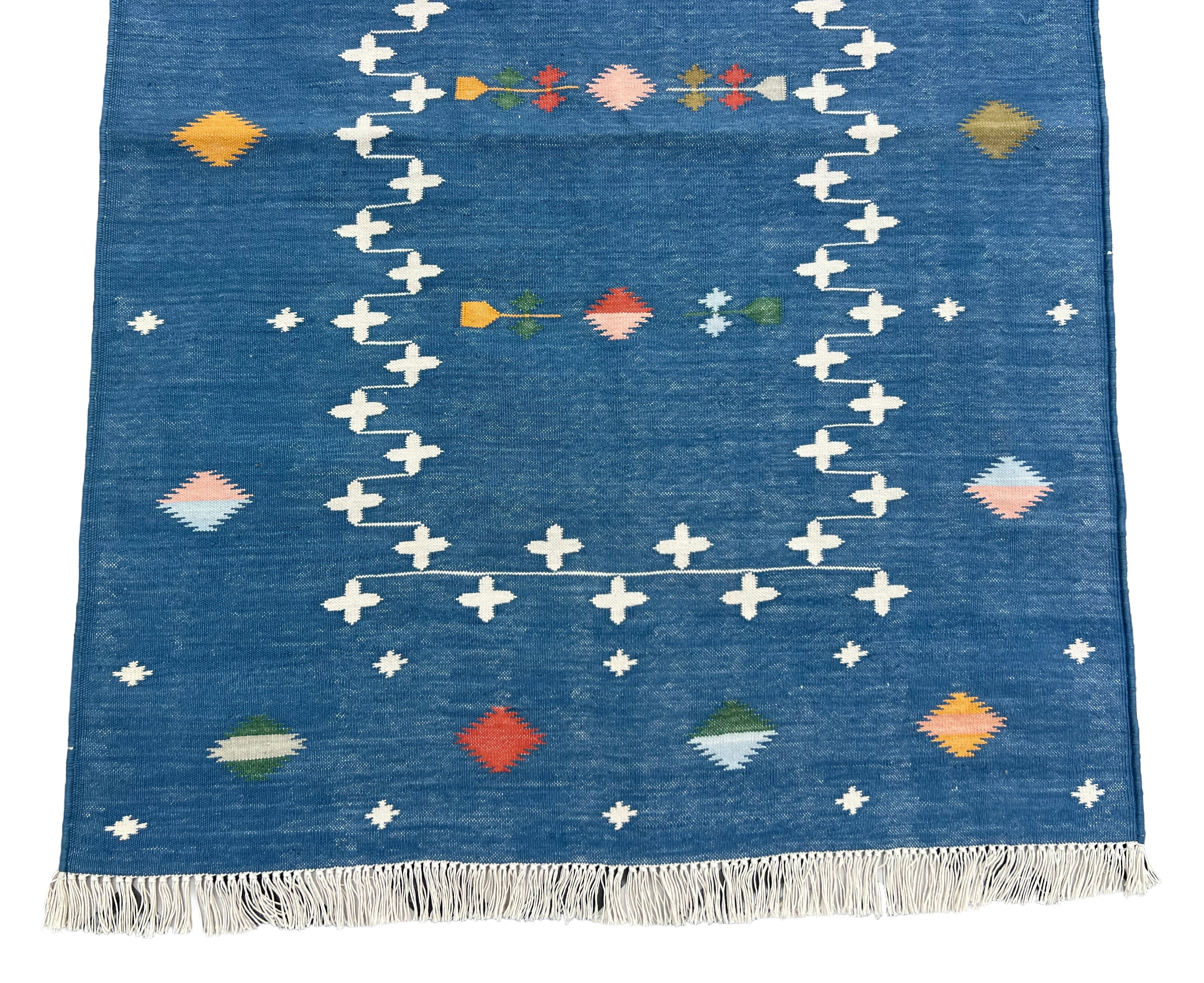Modern Handmade Cotton Indigo Blue Shooting Star Dhurrie Runner-6815