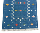 Modern Handmade Cotton Indigo Blue Shooting Star Dhurrie Runner-6815
