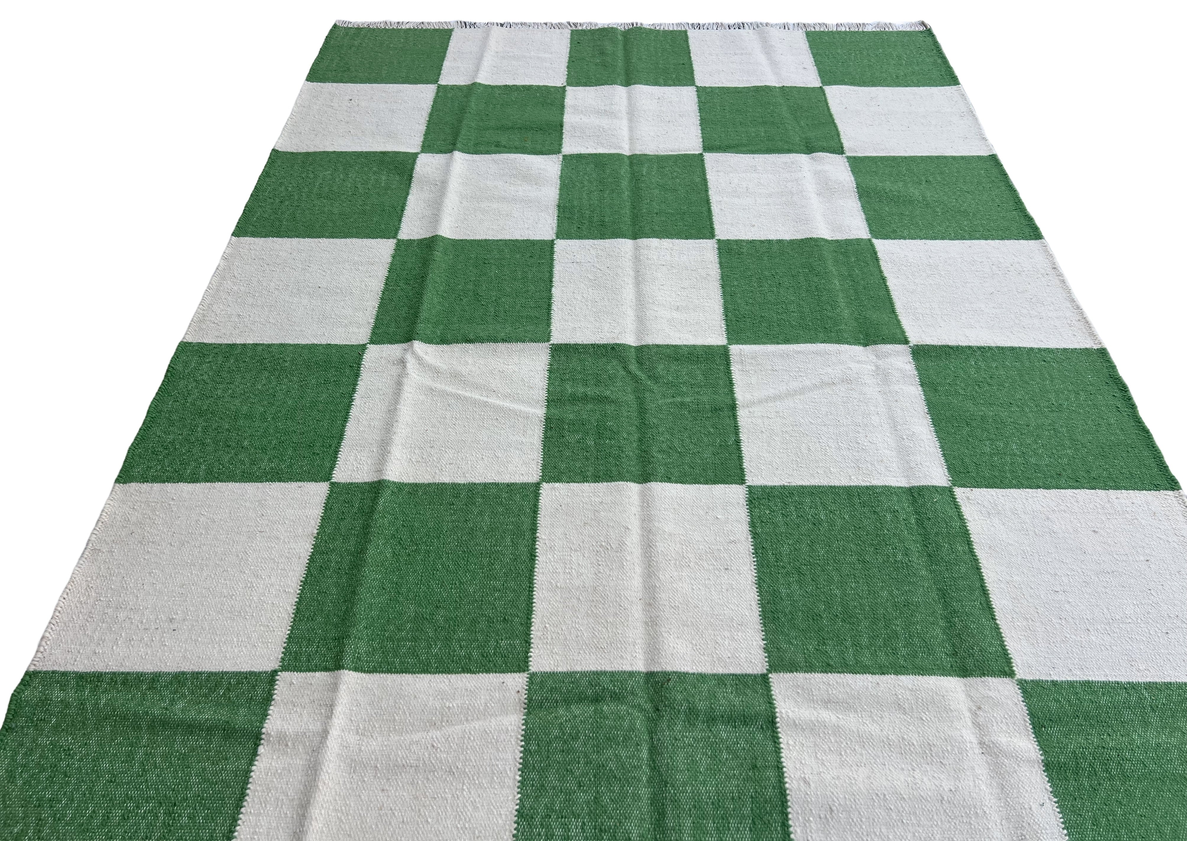 Modern Handmade New Zealand Wool Moss Green And Cream Checker Board Area Rug-6828