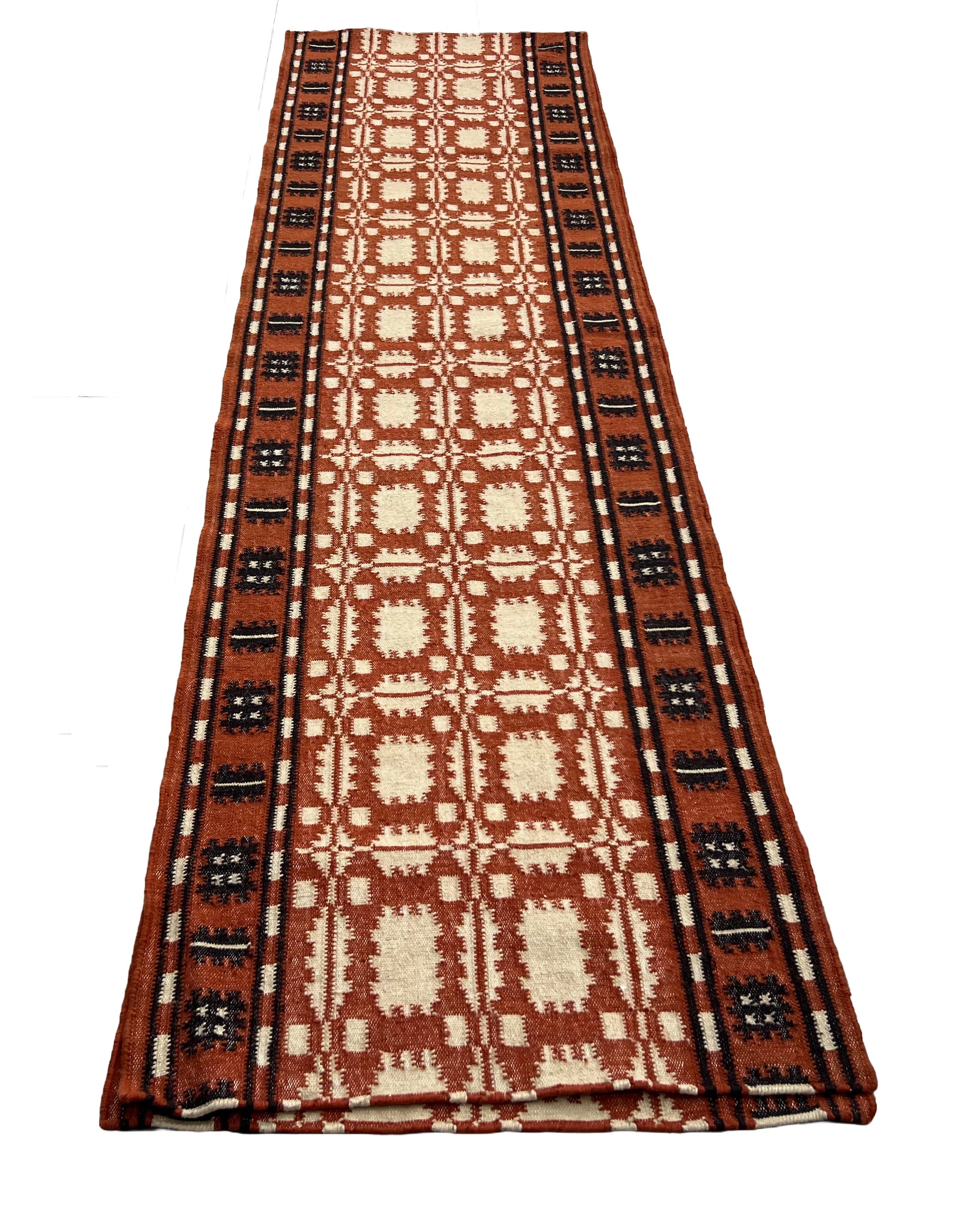 New Zealand Wool Cream, Terracotta And Brown 2.5x21.5 feet Geometric Runner