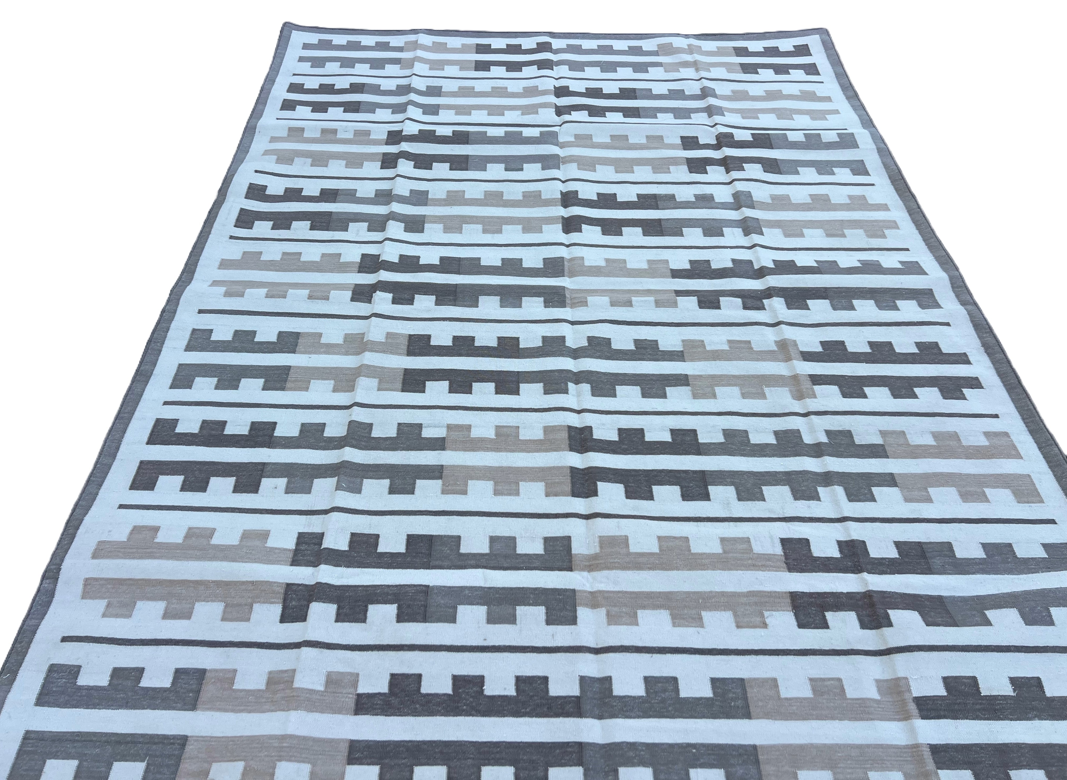 Modern Handmade Cotton Beige And Cream Marianne Striped Indian Dhurrie Rug-6767