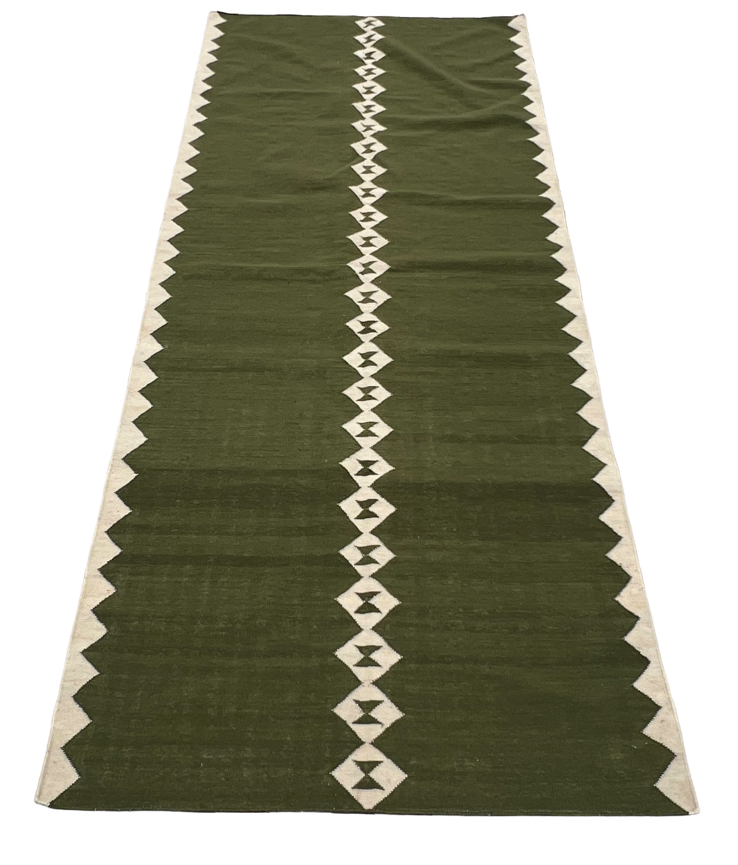 Modern Handmade New Zealand Wool Olive Green And Cream Diamond Runner-6841