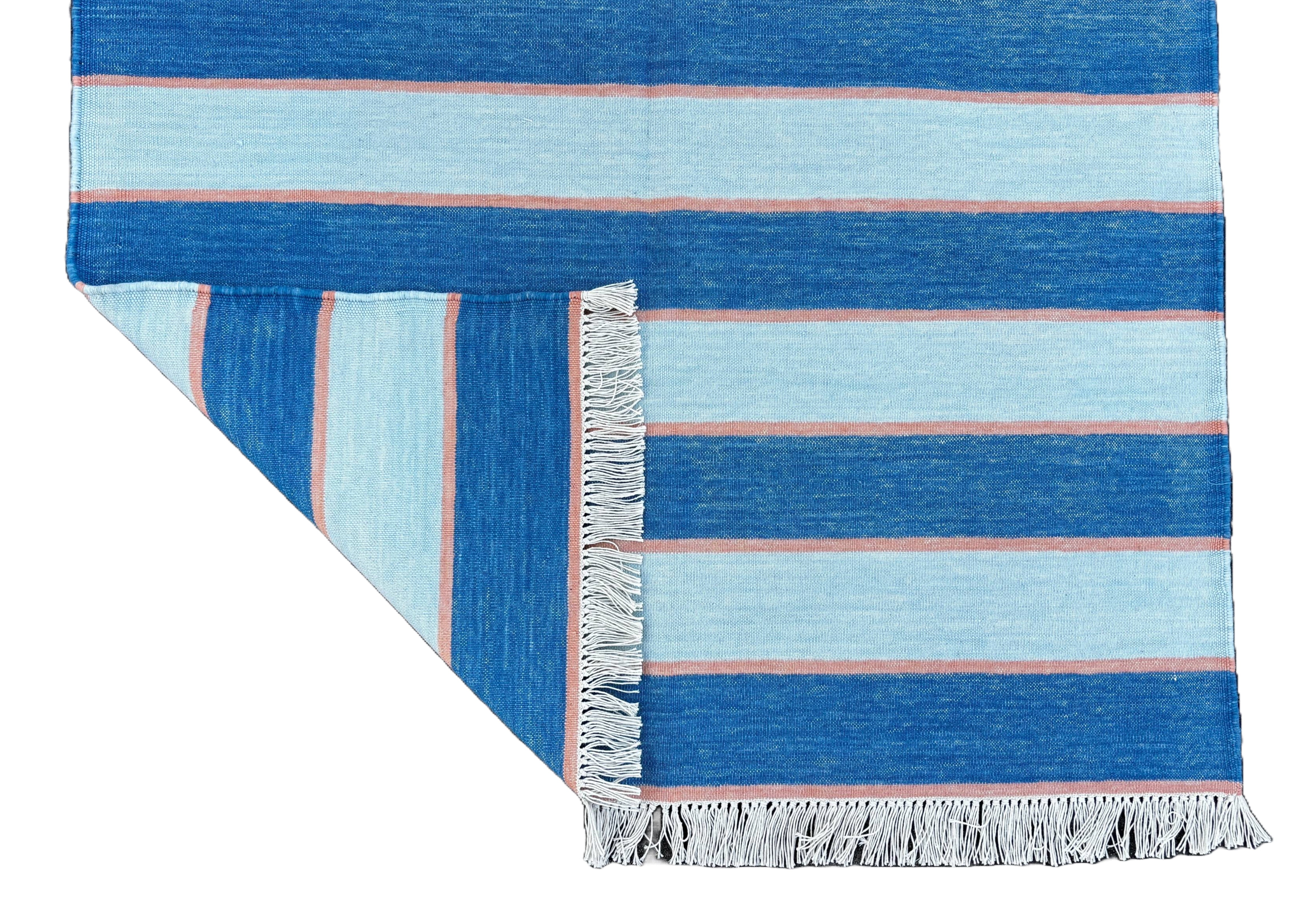 Modern Handmade Cotton Blue And Orange Striped Area Rug-6765