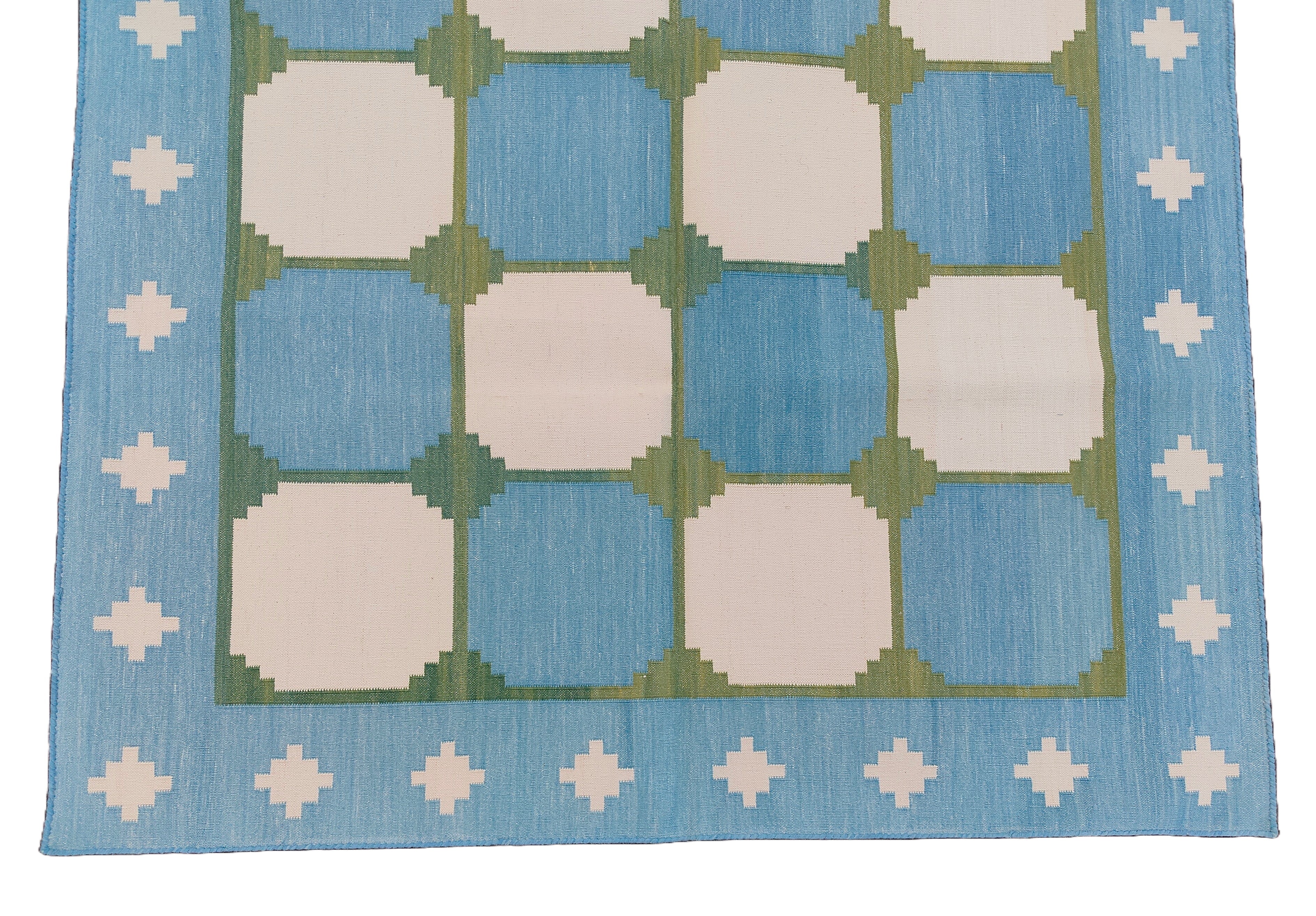 Modern Handmade Cotton Rug, 4x6 Sky Blue And Green Tile Swedish Rug-6782