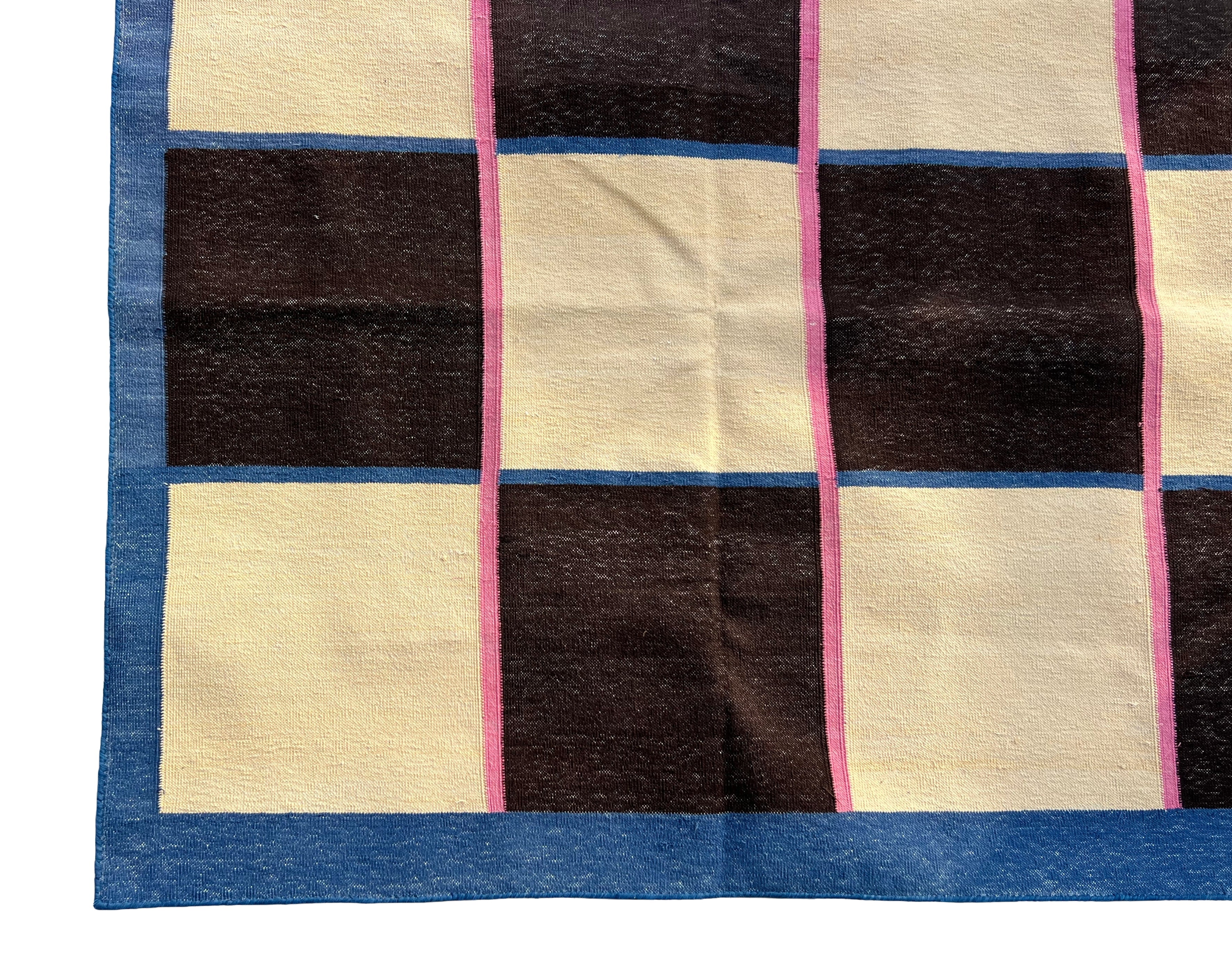 Modern Handmade Cotton Rug, 8'x8' Cream, Brown And Pink Checker Board Rug-6822
