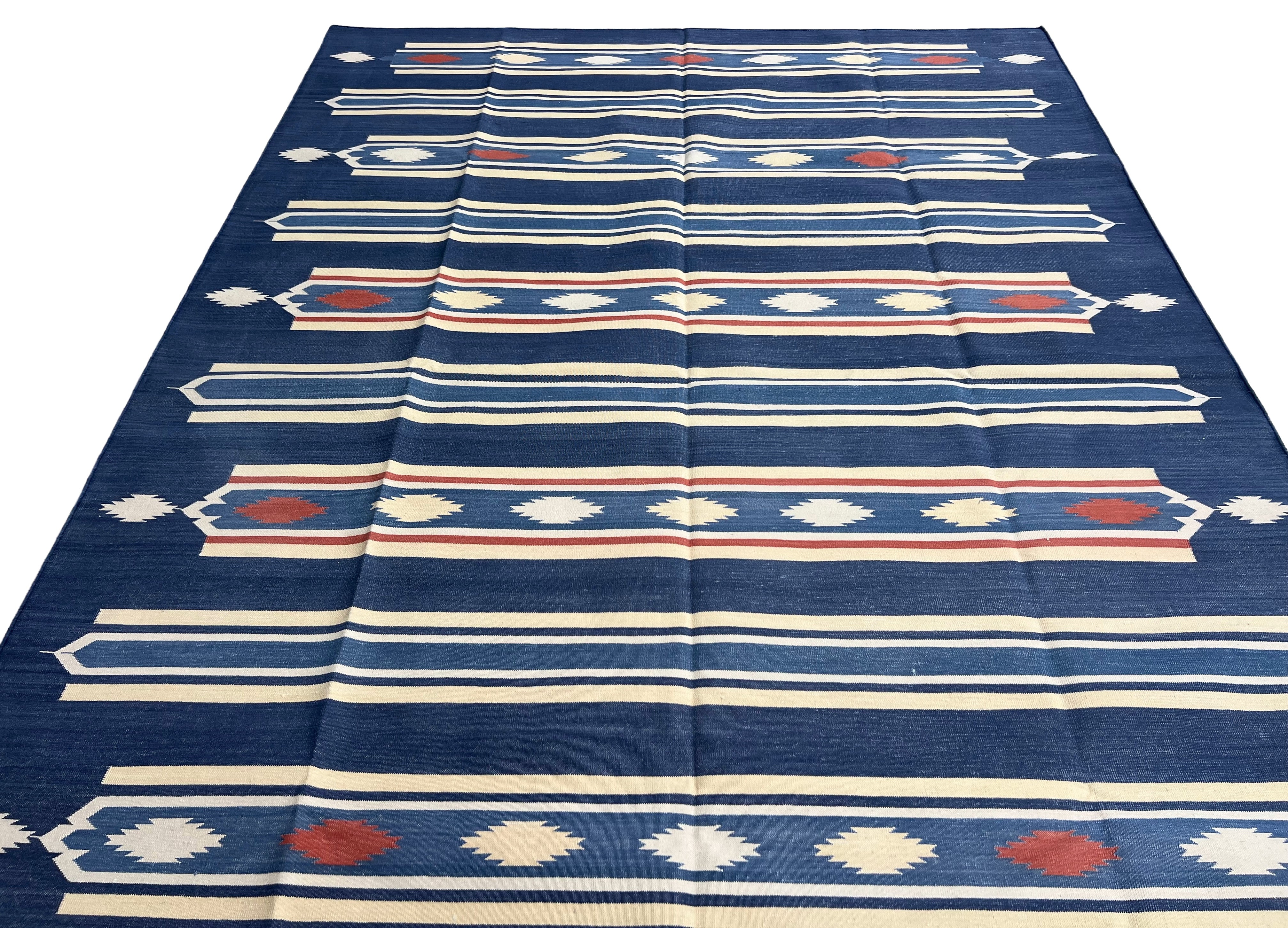 Modern Handmade Cotton Indigo Blue, Cream And Terracotta Diamond Striped Area Rug-6829