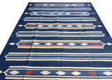 Modern Handmade Cotton Indigo Blue, Cream And Terracotta Diamond Striped Area Rug-6829