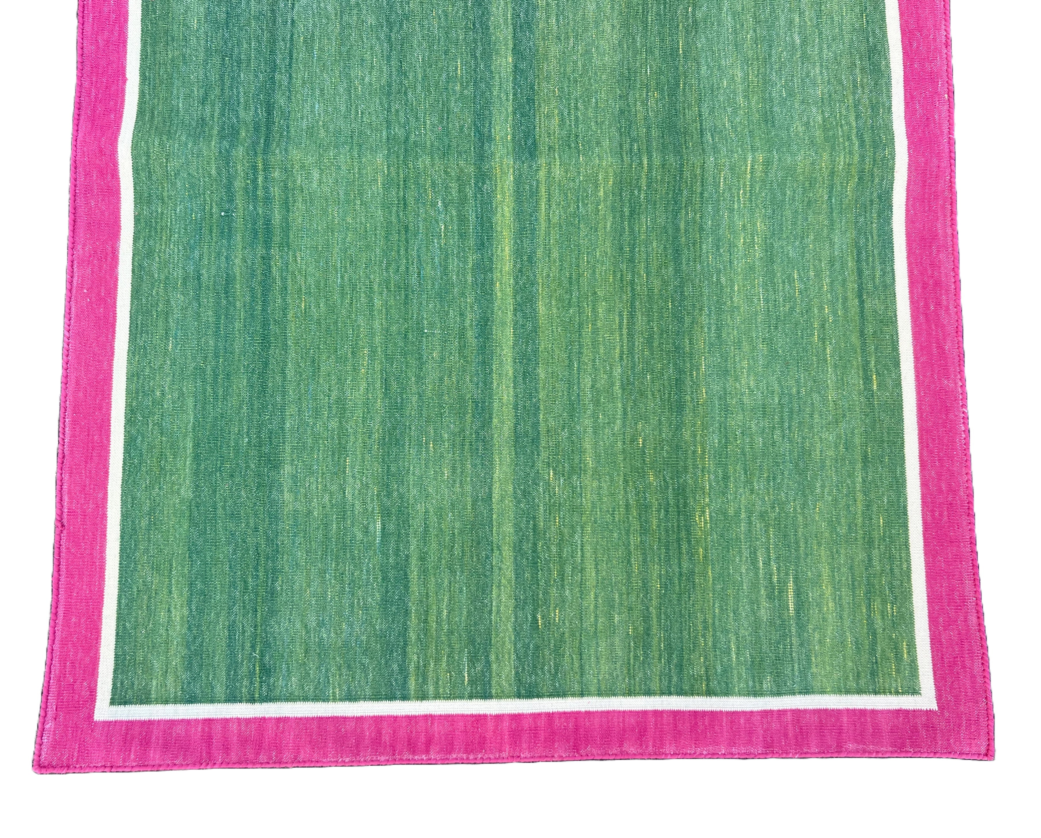 Modern Handmade Cotton Green, Cream And Raspberry Pink Empty Field Runner-6758