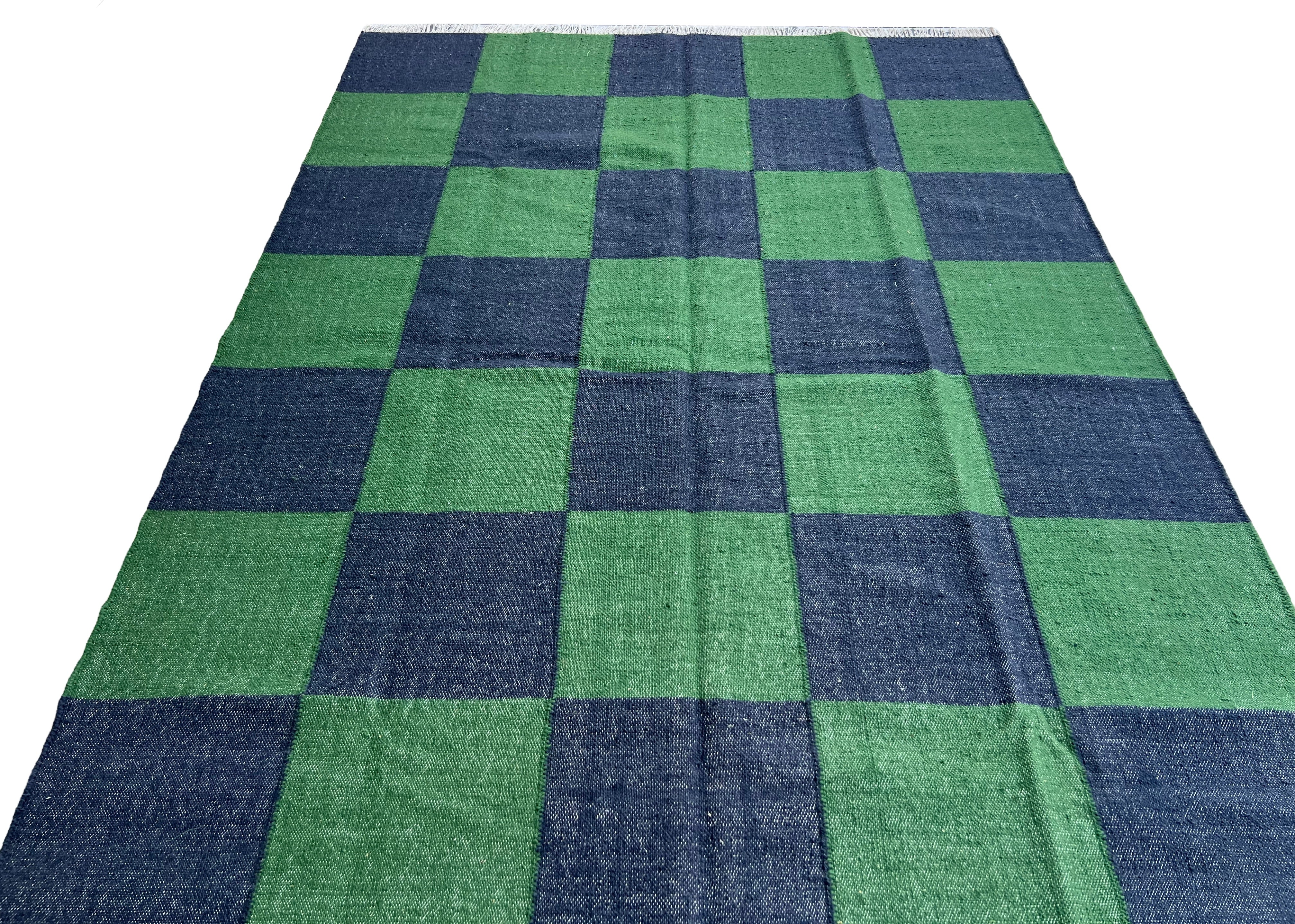 Modern Handmade New Zealand Wool Forest Green And Greyish Blue Checker Board Area Rug-6827