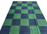 Modern Handmade New Zealand Wool Forest Green And Greyish Blue Checker Board Area Rug-6827