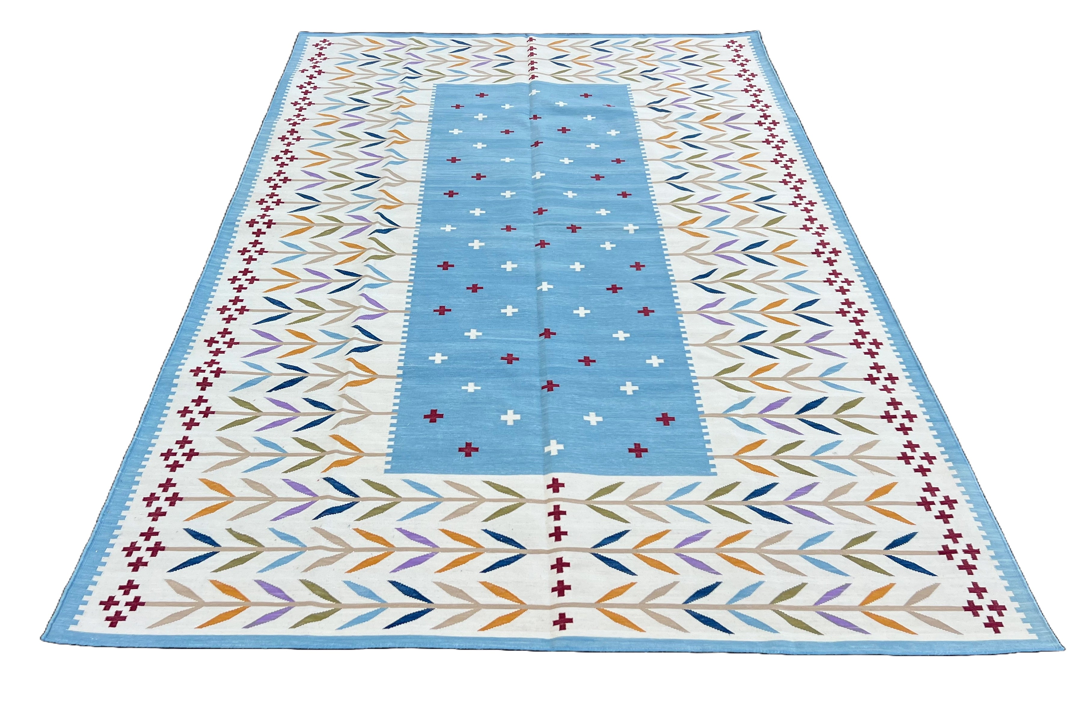 Modern Handmade Cotton Area Flat Weave Rug, Sky Blue And Cream Leaf Indian Dhurrie-6779