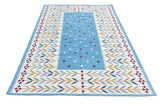 Modern Handmade Cotton Area Flat Weave Rug, Sky Blue And Cream Leaf Indian Dhurrie-6779