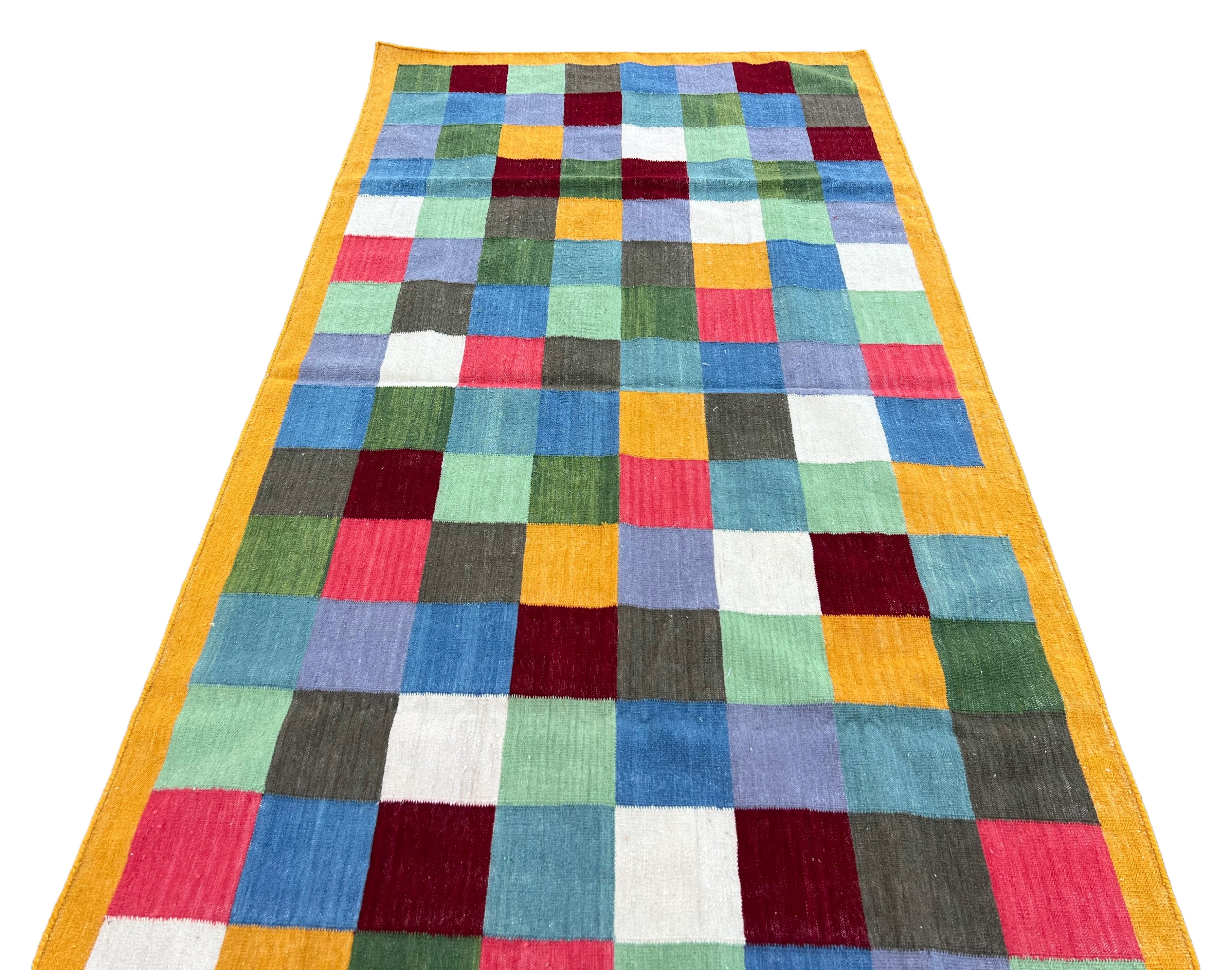 Modern Handmade Woolen Rug, 4x8 Multicolor Checked Dhurrie Runner -6785