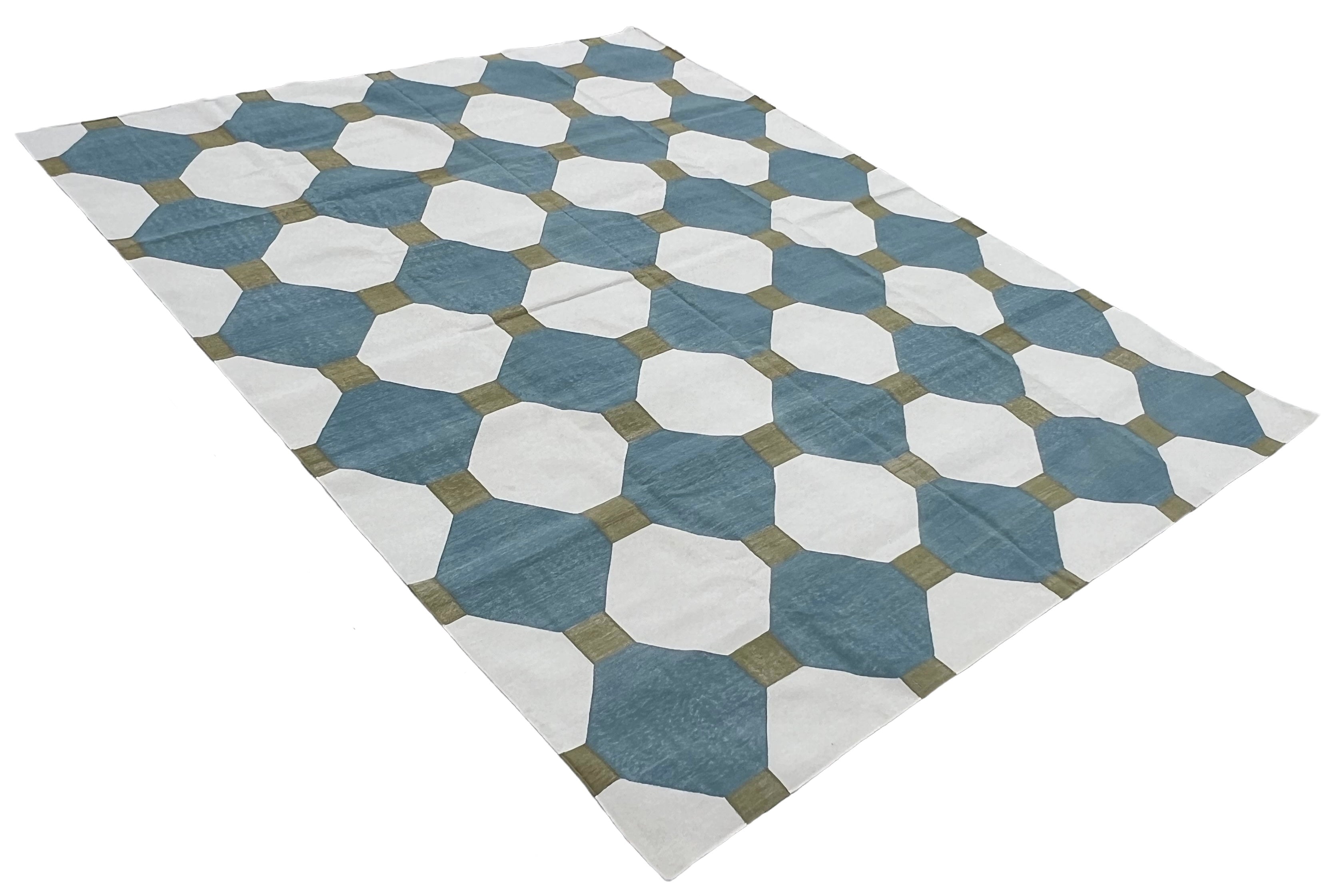 Modern Handmade Cotton Teal Blue, Cream And Olive Green Tile Area Rug-6842