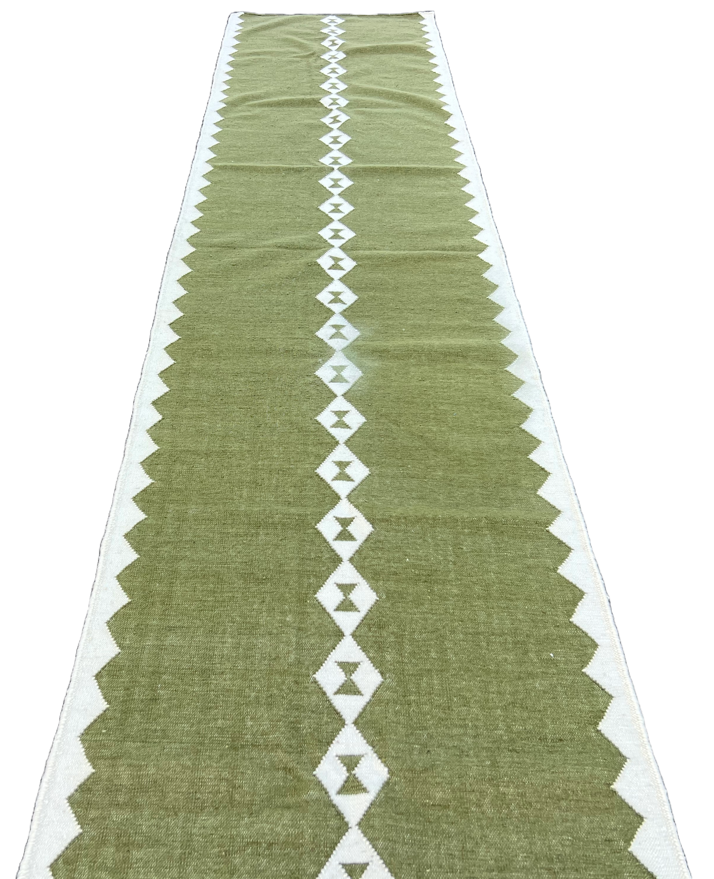 Modern Handmade New Zealand Wool Dark Olive Green And White Geometric Runner-6756