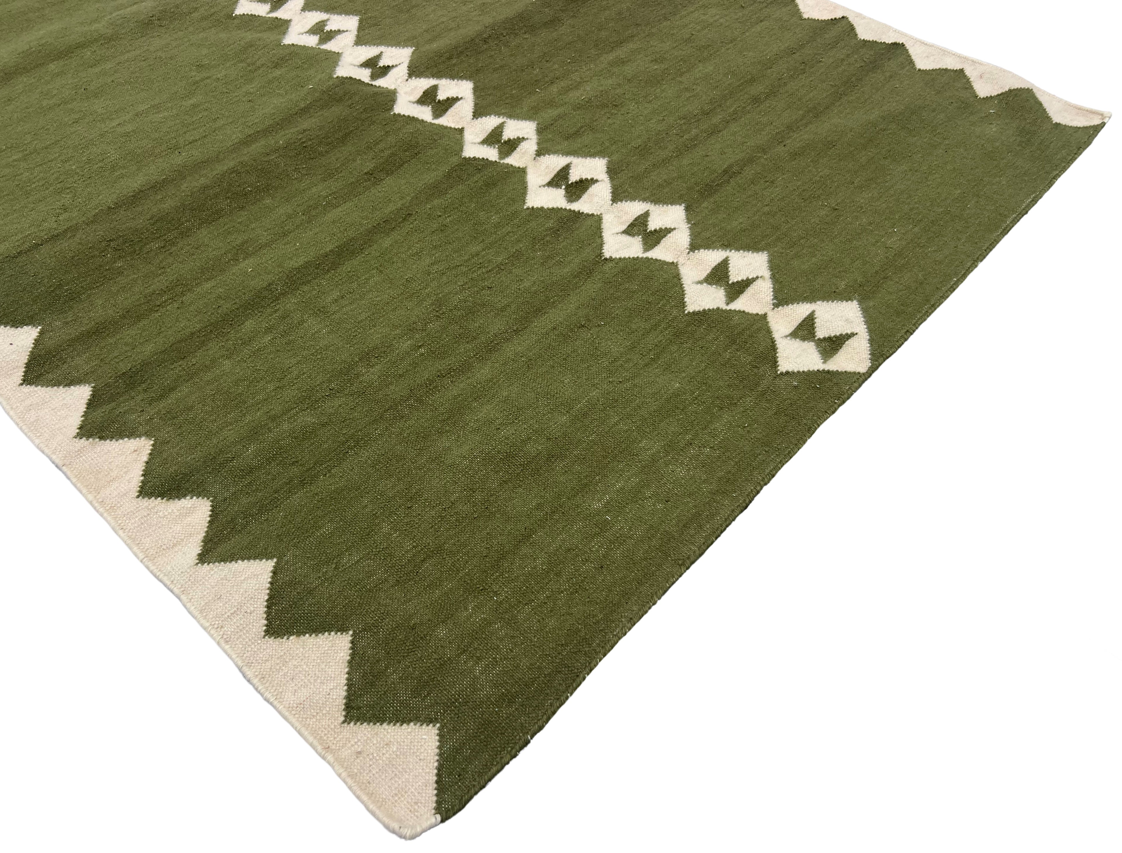 Modern Handmade New Zealand Wool Olive Green And Cream Diamond Runner-6841