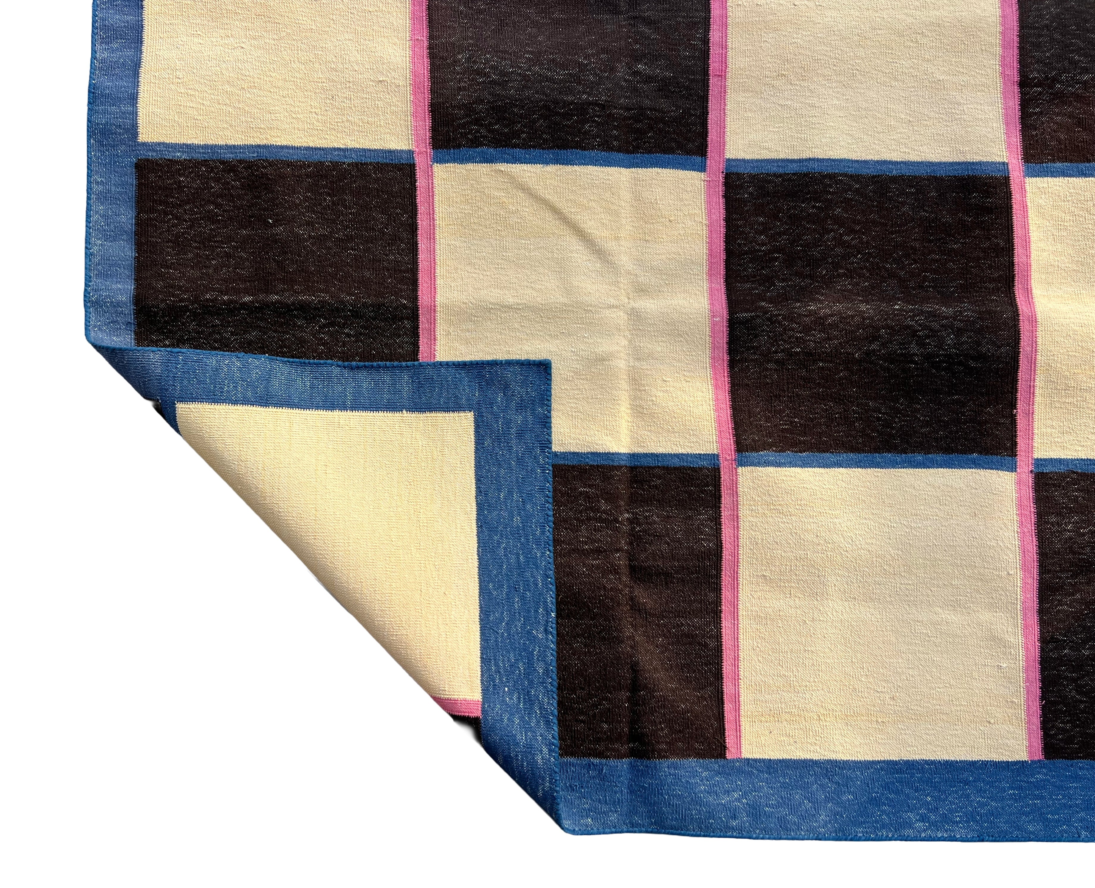 Modern Handmade Cotton Rug, 8'x8' Cream, Brown And Pink Checker Board Rug-6822