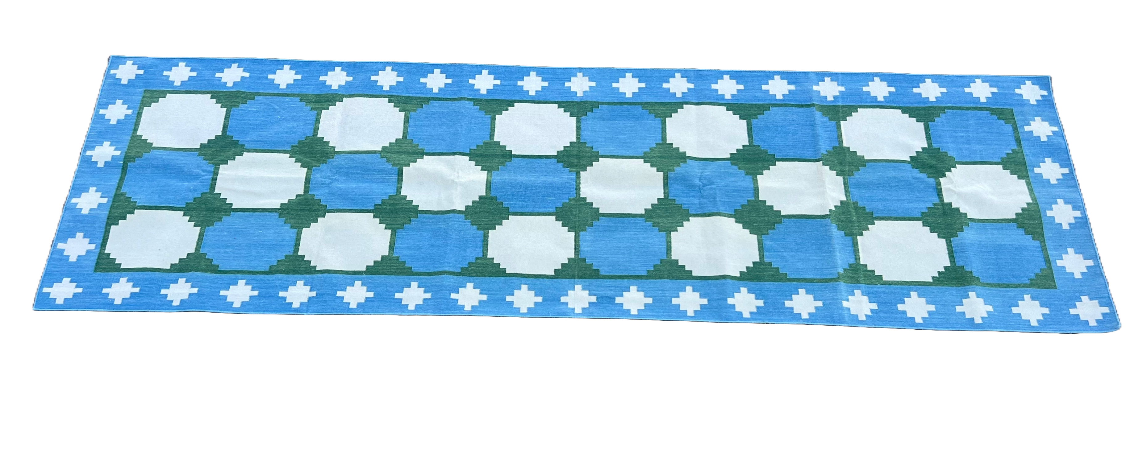 Modern Handmade Cotton Sky Blue, Cream And Green Tile Swedish Runner-6561