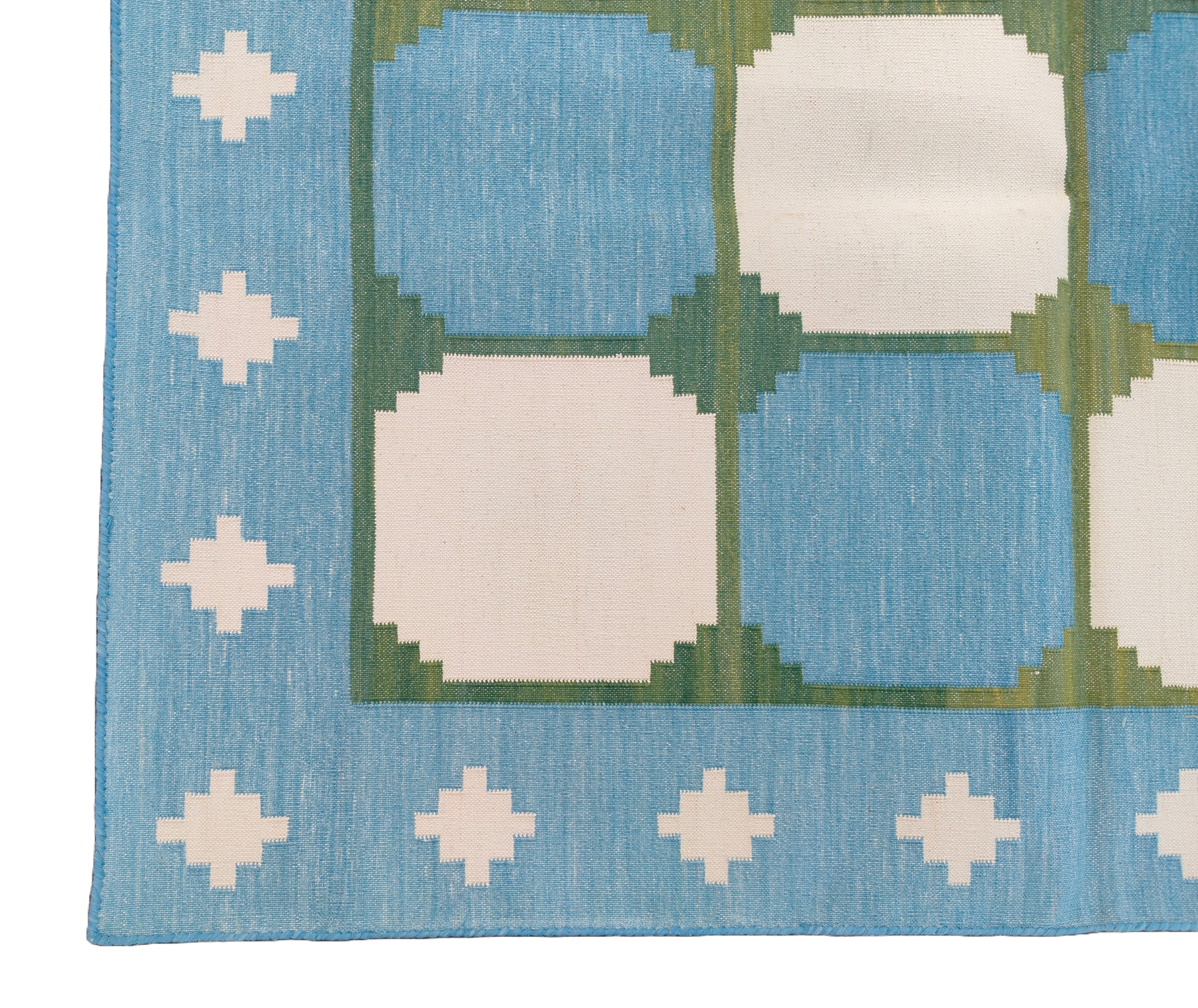 Modern Handmade Cotton Rug, 4x6 Sky Blue And Green Tile Swedish Rug-6782