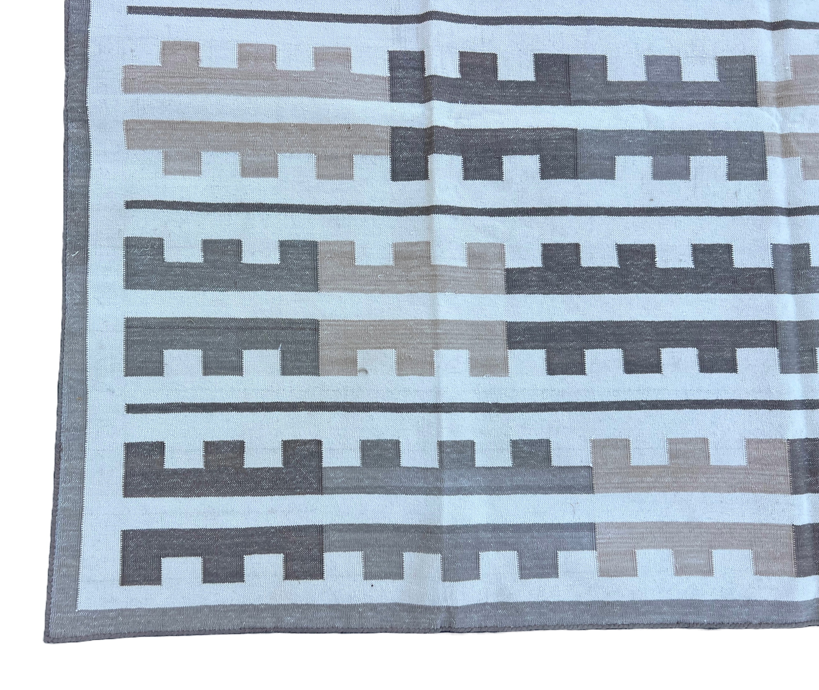 Modern Handmade Cotton Beige And Cream Marianne Striped Indian Dhurrie Rug-6767