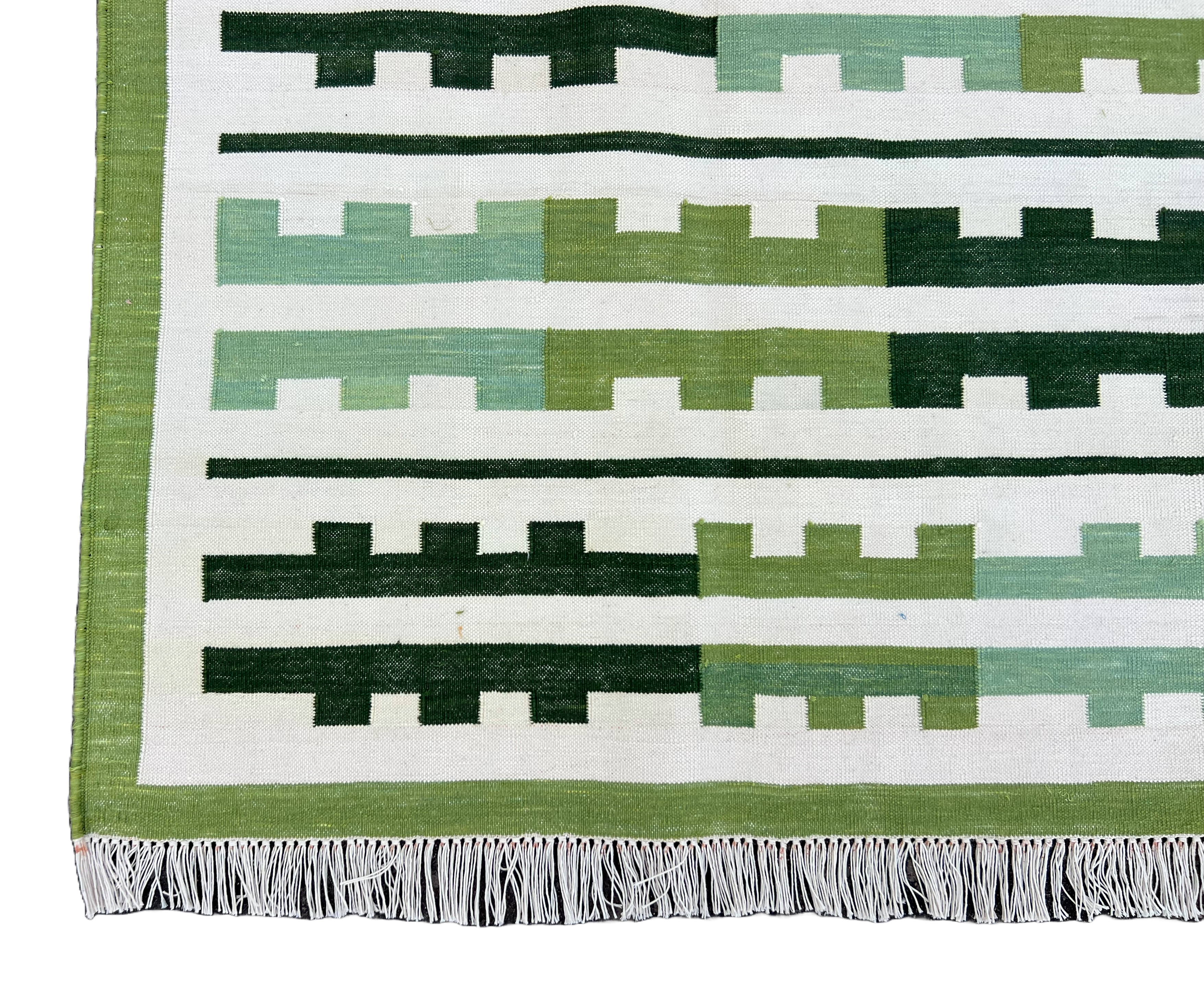 Modern Handmade Cotton Green And Cream Marianne Striped Rug-6757