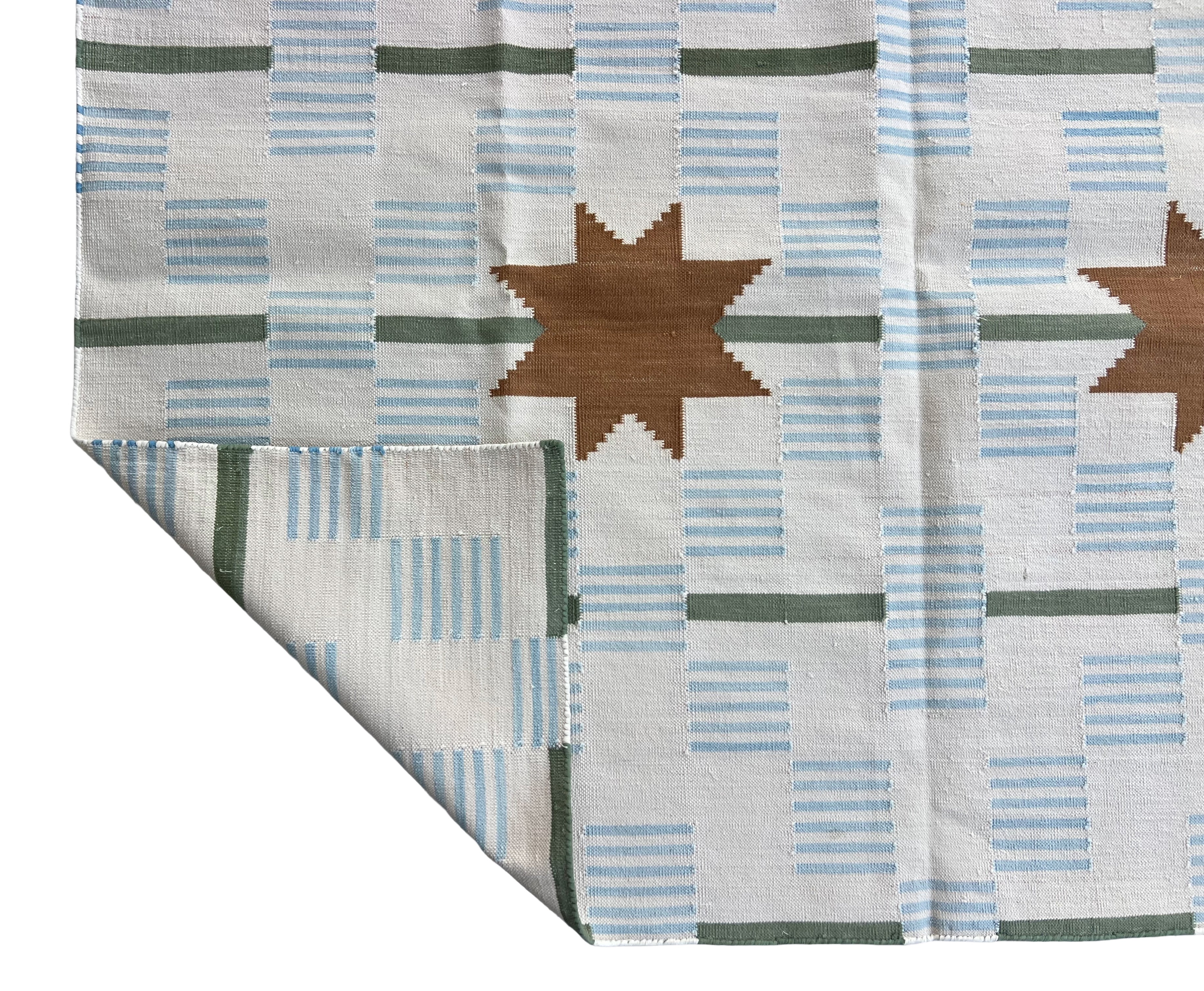 Modern Handmade Cotton Rug, 5'x8' Sky Blue, Sage Green And Cream Star And Dash Striped Rug-6825