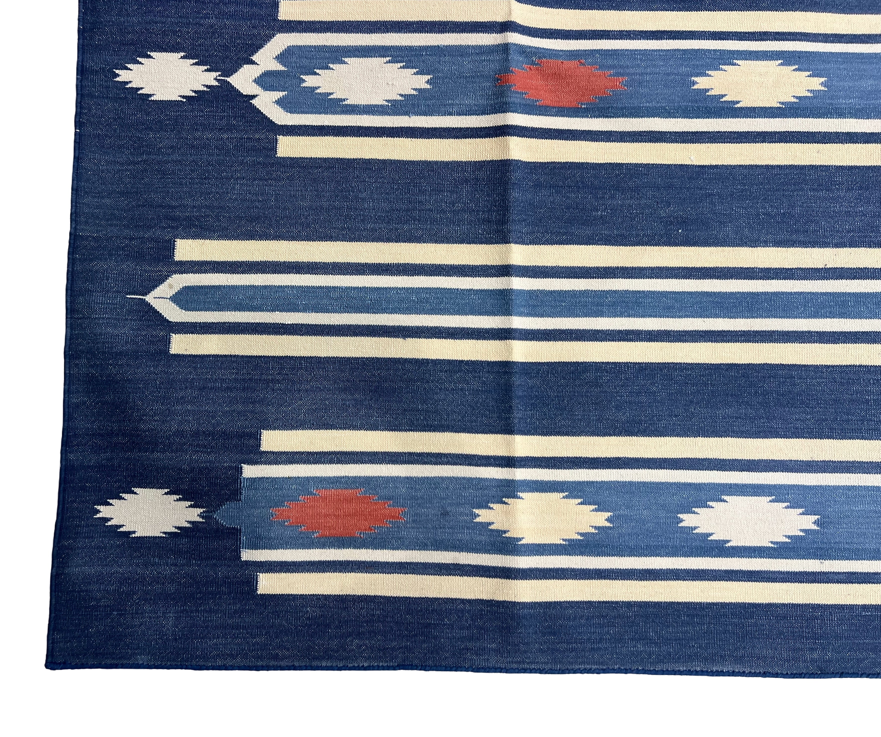 Modern Handmade Cotton Indigo Blue, Cream And Terracotta Diamond Striped Area Rug-6829