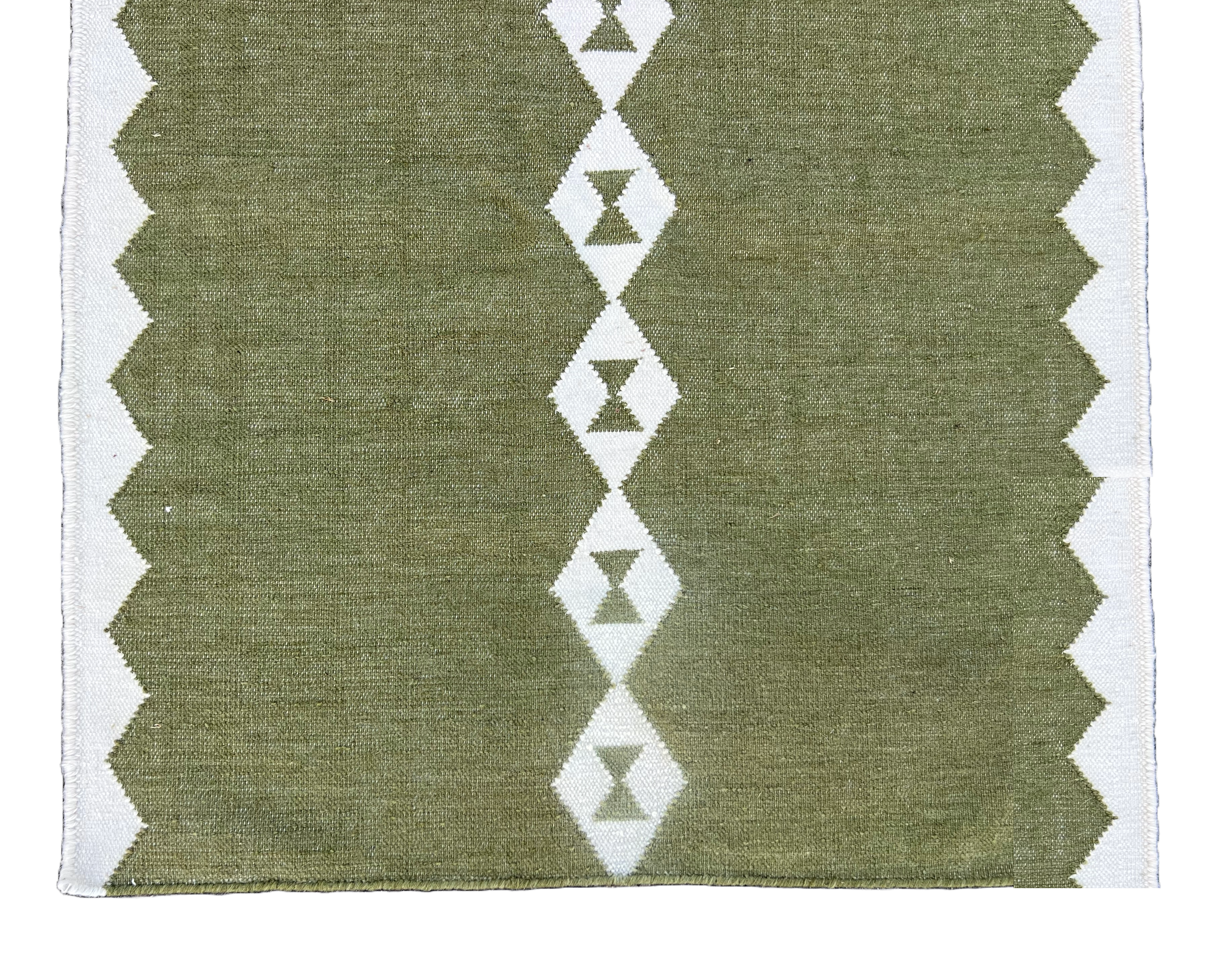 Modern Handmade New Zealand Wool Dark Olive Green And White Geometric Runner-6756