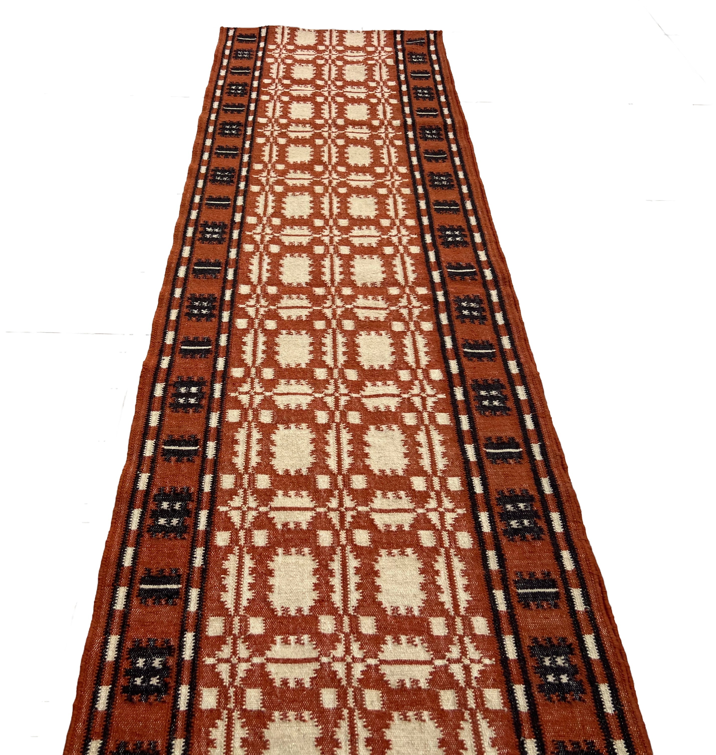 New Zealand Wool Cream, Terracotta And Brown 2.5x21.5 feet Geometric Runner