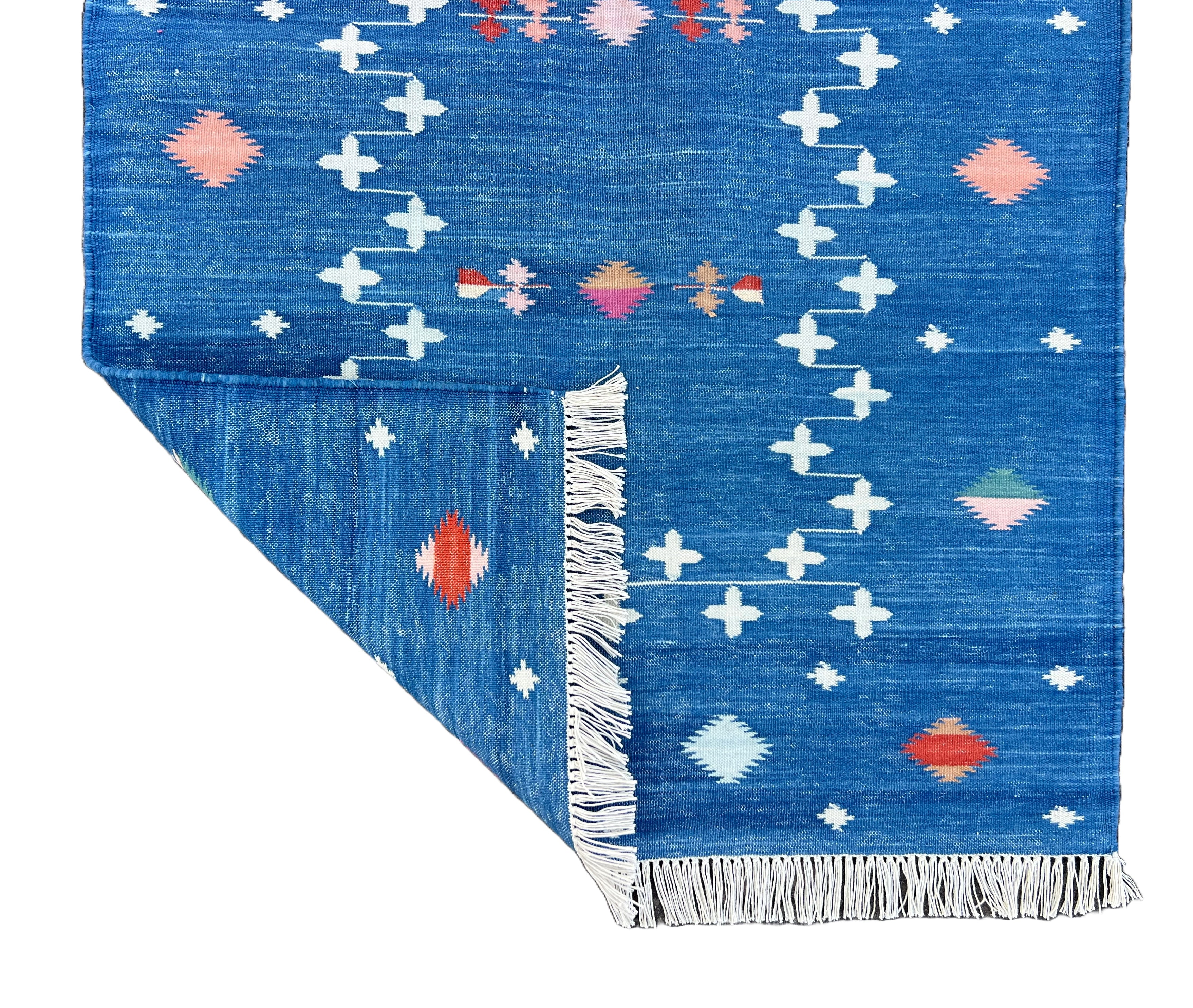 Modern Handmade Cotton Indigo Blue Shooting Star Dhurrie Runner-6772