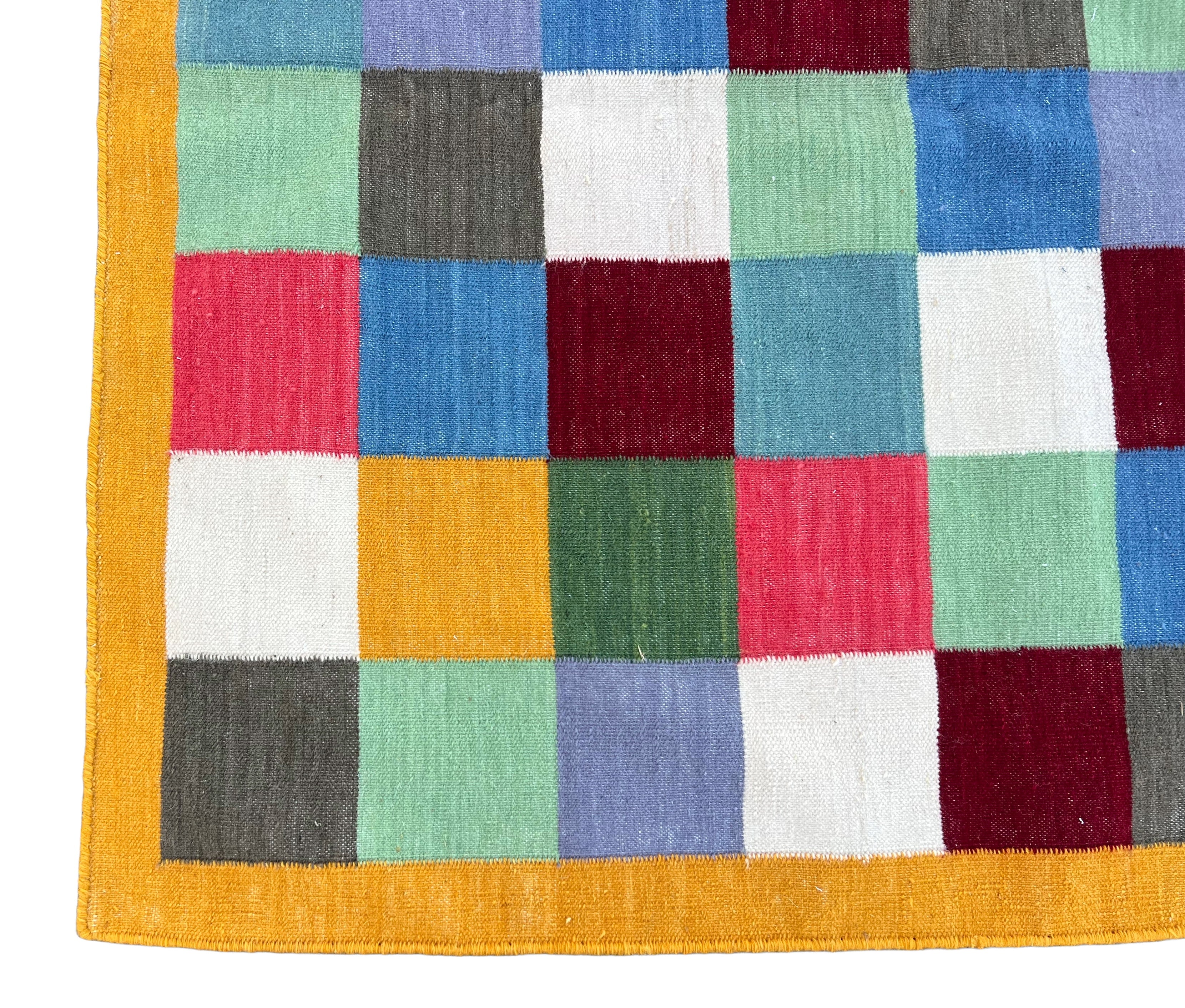 Modern Handmade Woolen Rug, 4x8 Multicolor Checked Dhurrie Runner -6785