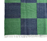 Modern Handmade New Zealand Wool Forest Green And Greyish Blue Checker Board Area Rug-6827