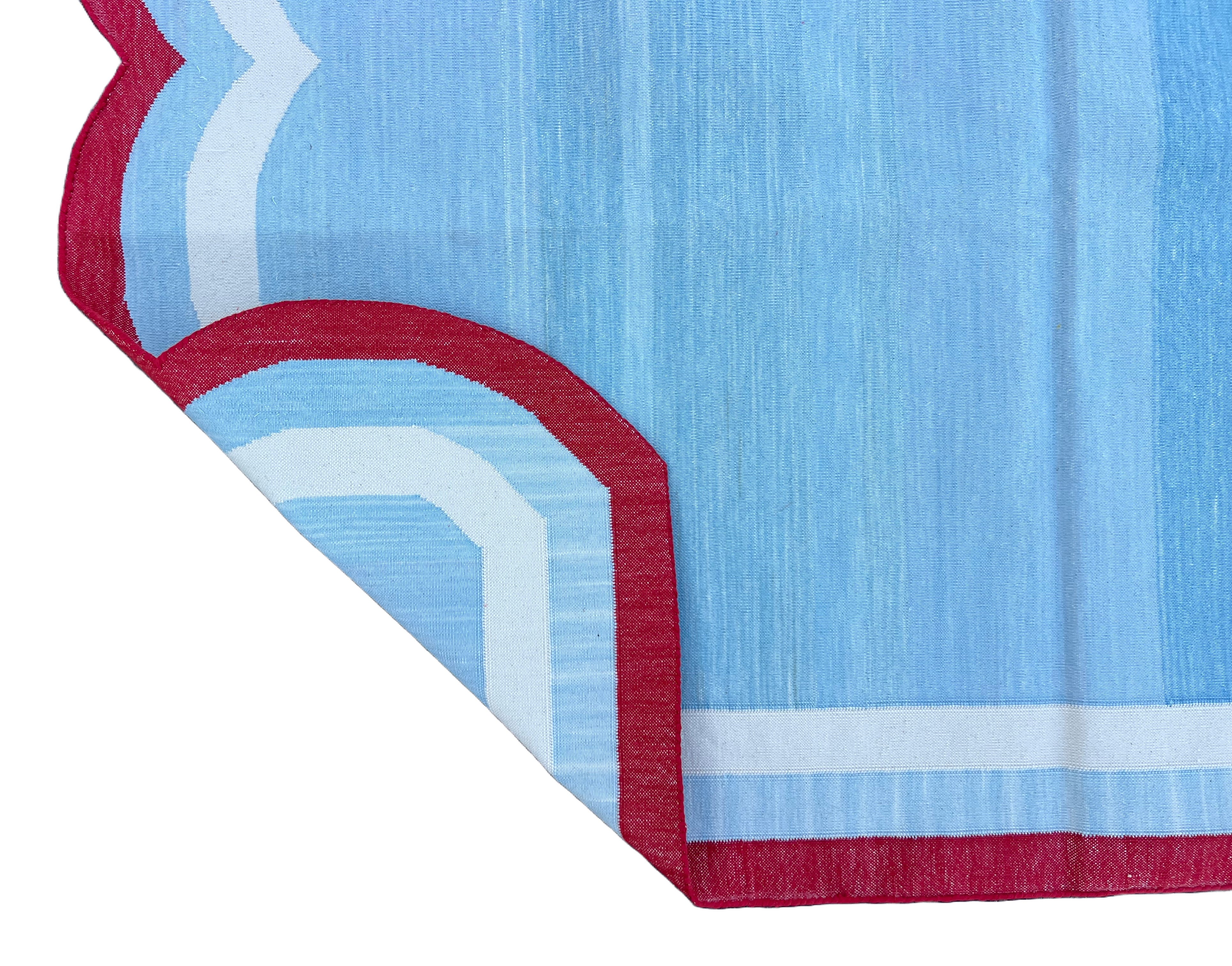 Modern Handmade Cotton Sky Blue, Cream and Red Scalloped Rug-9660