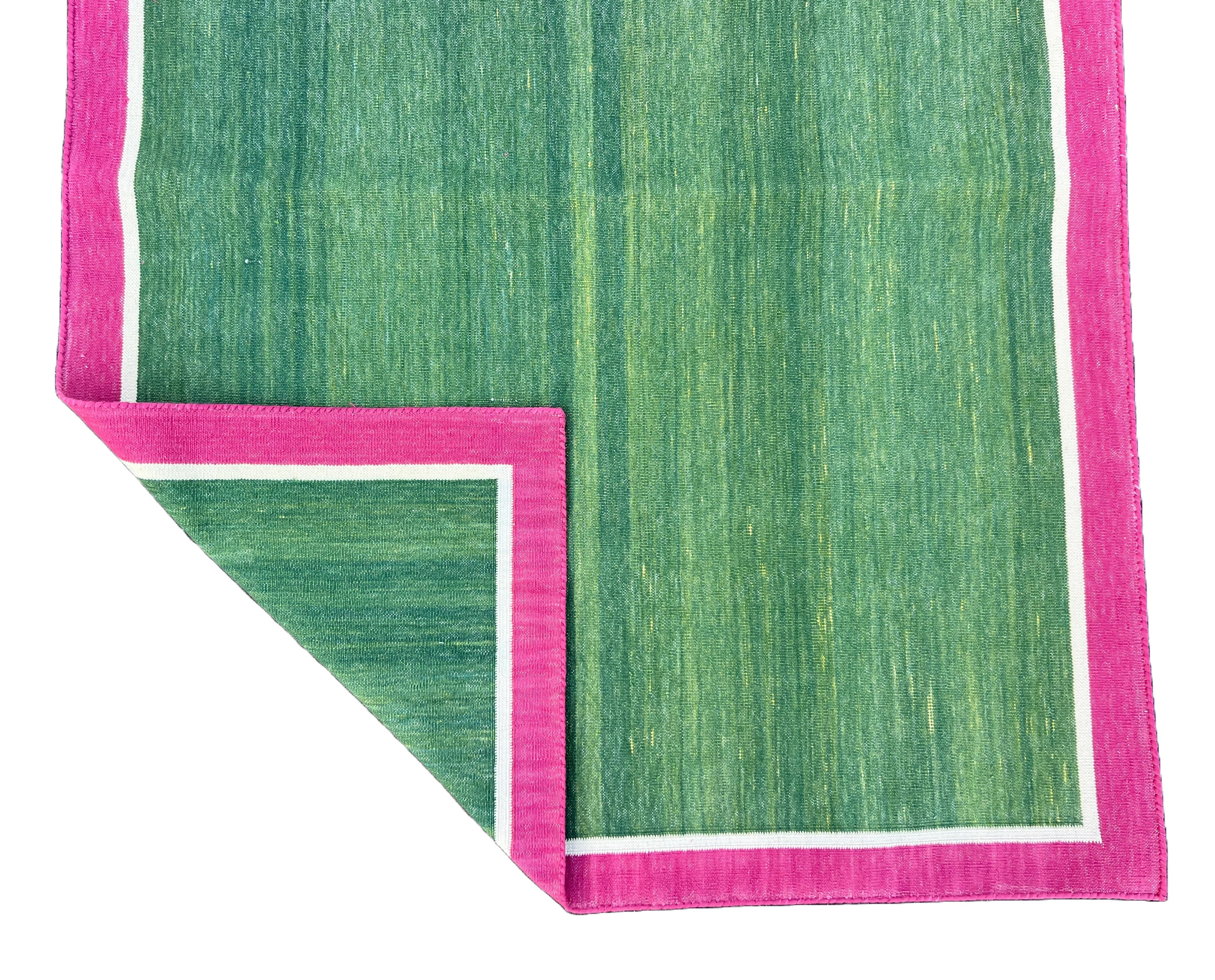 Modern Handmade Cotton Green, Cream And Raspberry Pink Empty Field Runner-6758