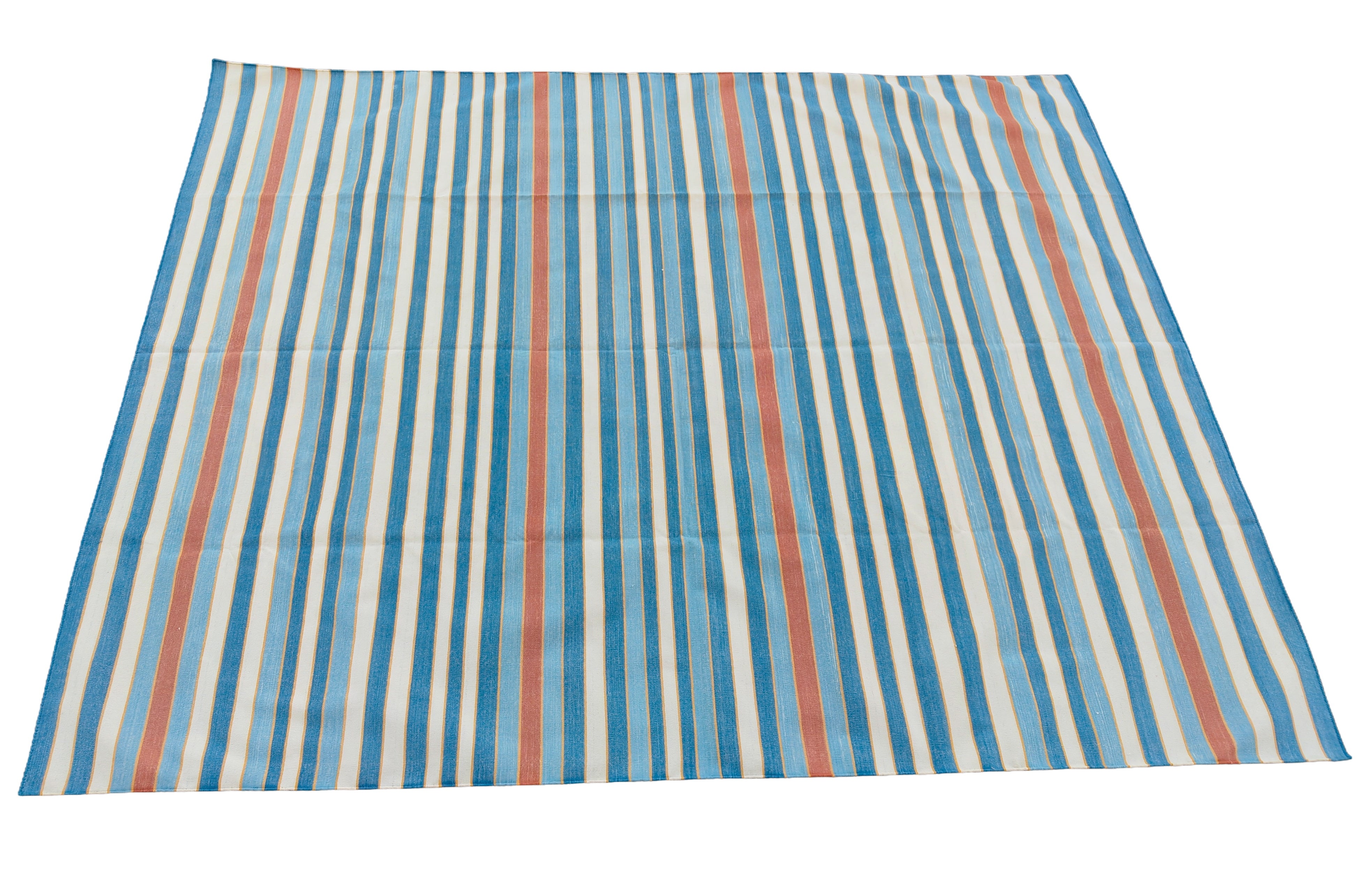 Modern Handmade Cotton Area Rug, Sky Blue, Red And Yellow Striped Indian Dhurrie -6783