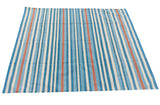 Modern Handmade Cotton Area Rug, Sky Blue, Red And Yellow Striped Indian Dhurrie -6783
