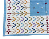 Modern Handmade Cotton Area Flat Weave Rug, Sky Blue And Cream Leaf Indian Dhurrie-6779