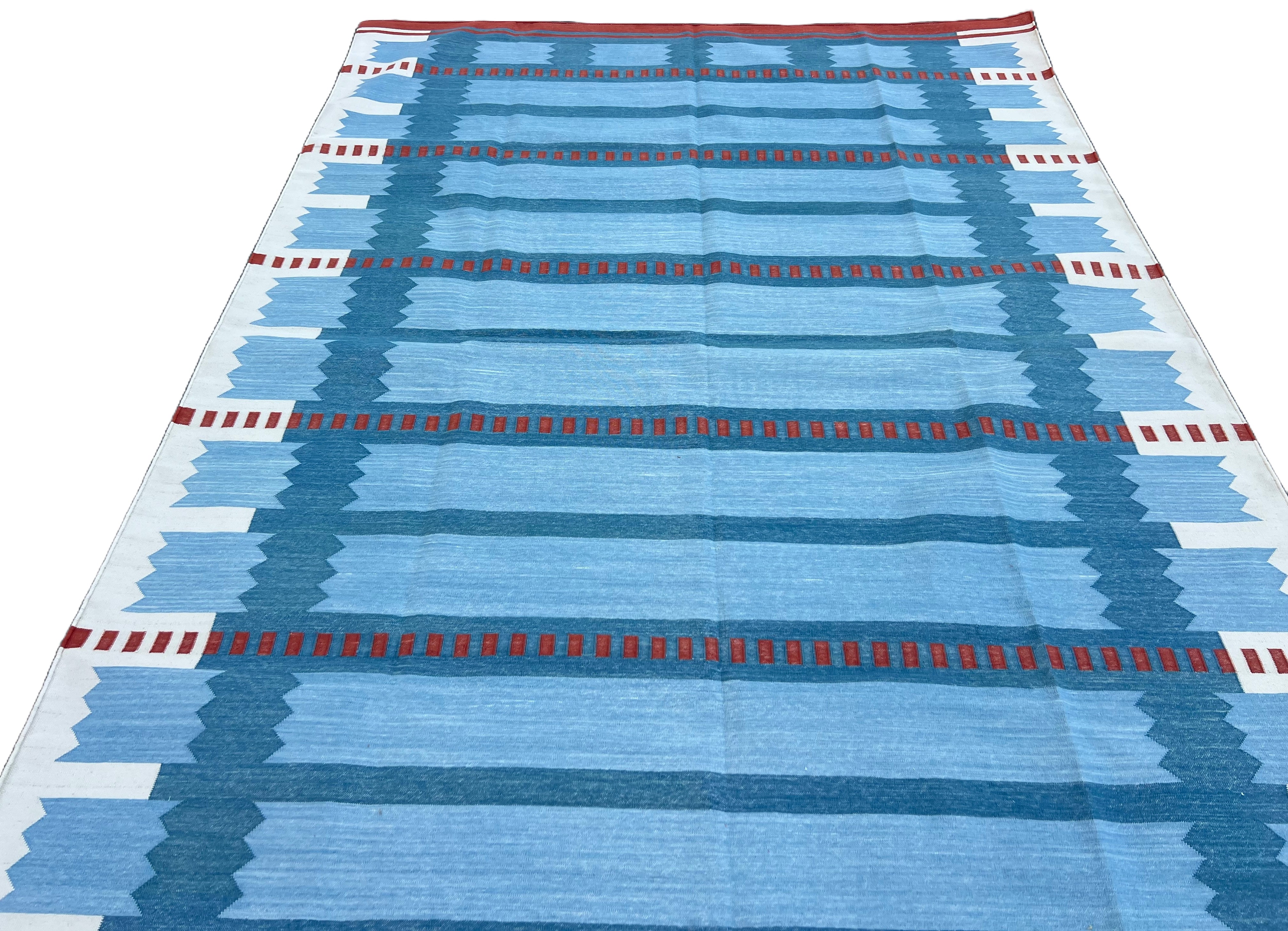 Modern Handmade Cotton Flat Weave Blue, Cream And Red Geometric Rug-6774