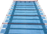 Modern Handmade Cotton Flat Weave Blue, Cream And Red Geometric Rug-6774
