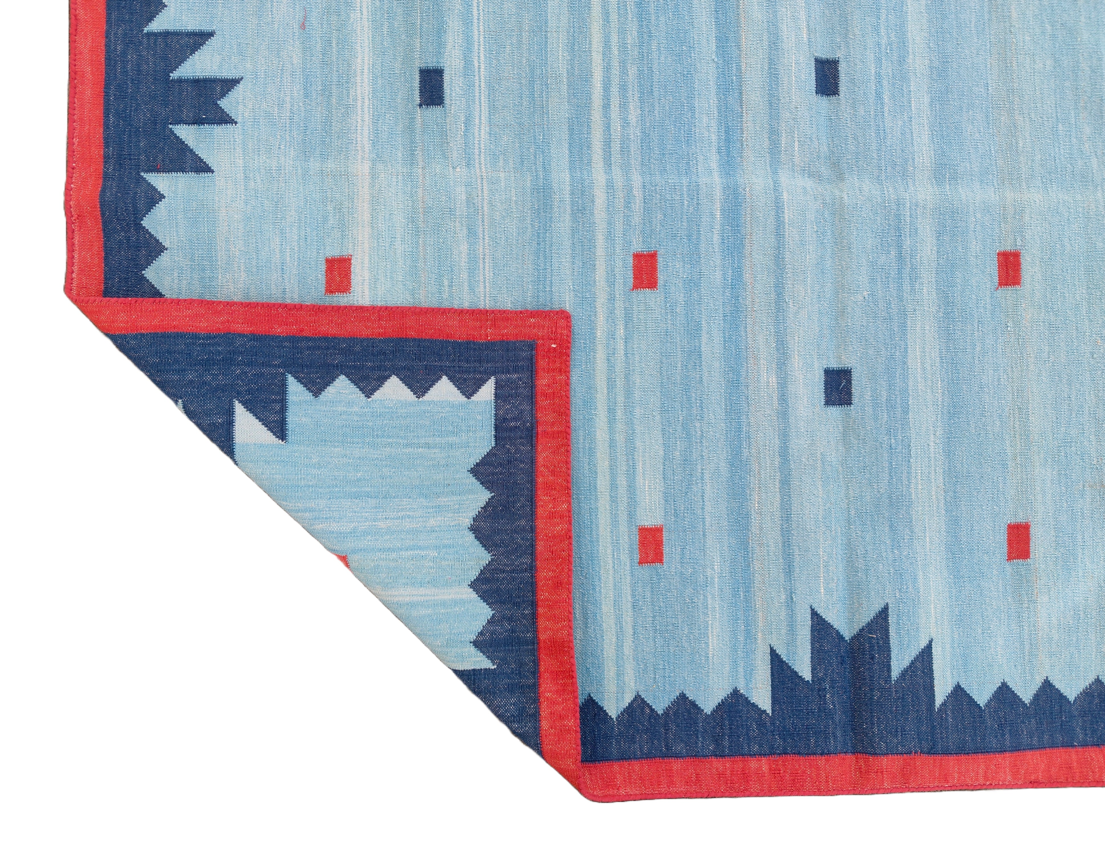 Modern Handmade Cotton Rug, 5x8 Sky And Navy Blue Red Border Geometric Diamond Rug-6775