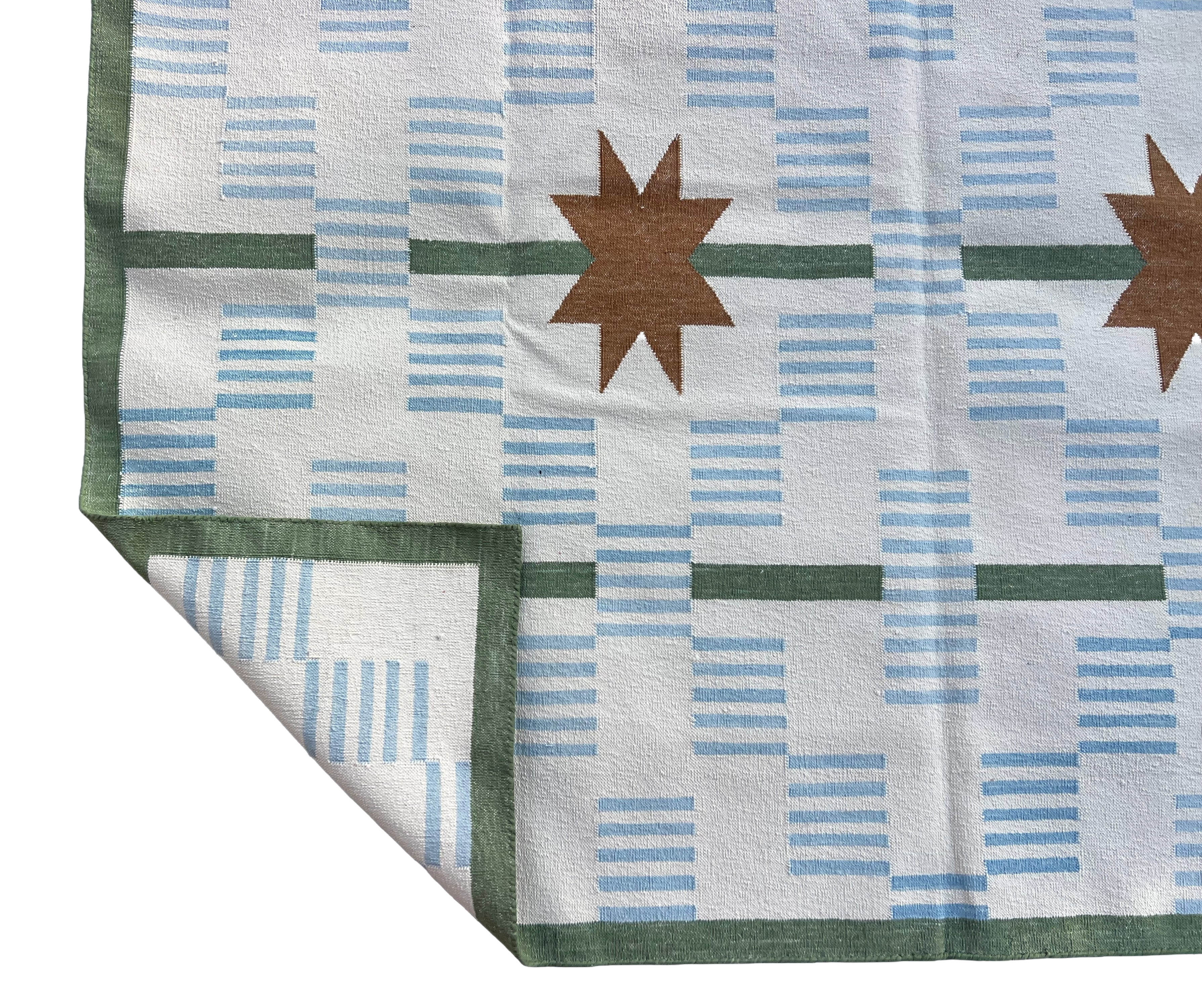 Modern Handmade Cotton Rug, 5'x8' Sky Blue, Sage Green And Cream Star And Dash Striped Rug-6811