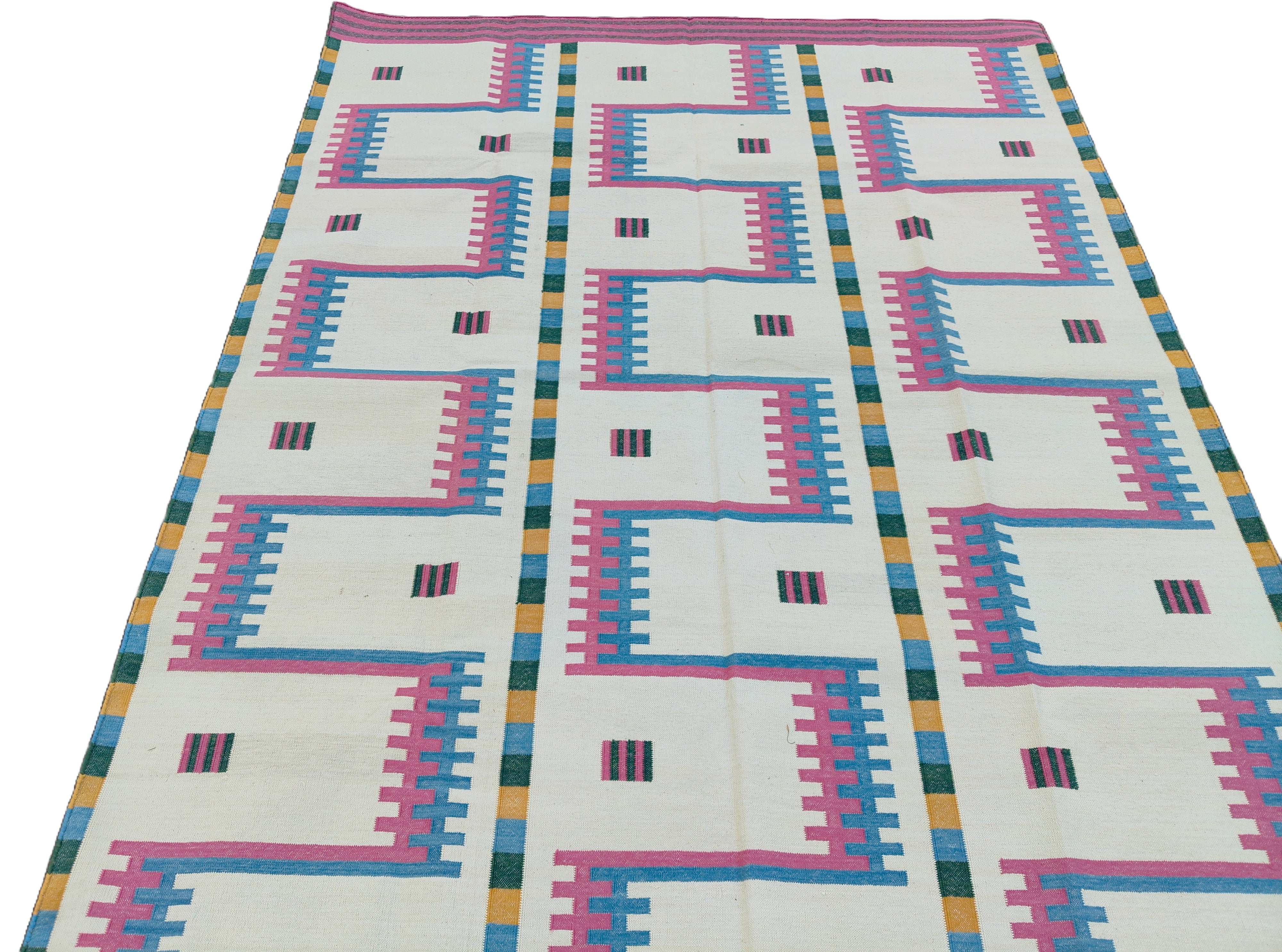 Modern Handmade Cotton Rug, 5x7 Pink And Cream Geometric Rug-6781