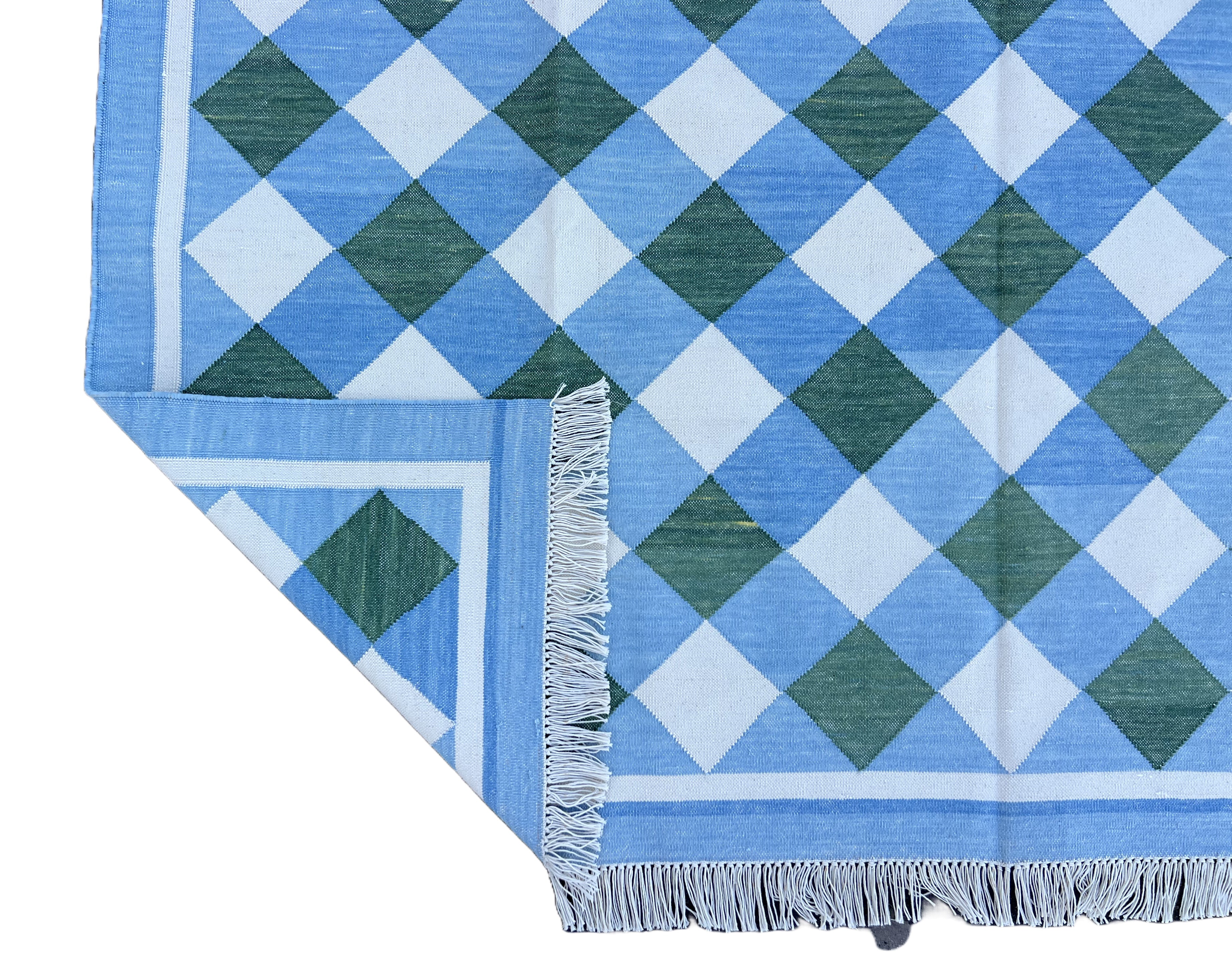 Modern Handmade Cotton Sky Blue, Cream And Forest Green Checked Rug-6760